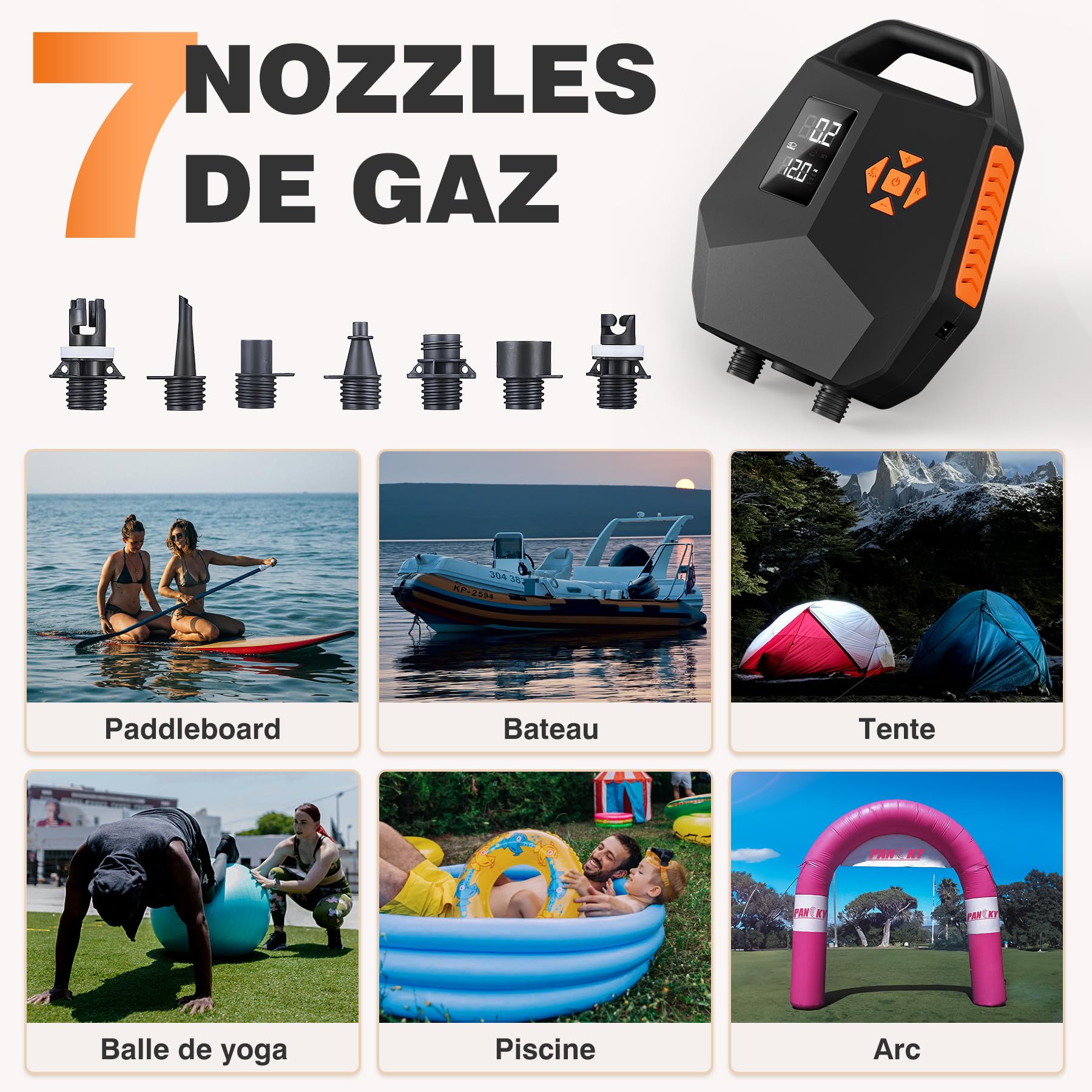 Pompe électrique SUP 20 PSI – Pompe à air double moteur avec arrêt automatique, adaptateur de voiture 12 V pour planches gonflables, kayaks, bateaux – Gonflage silencieux et rapide