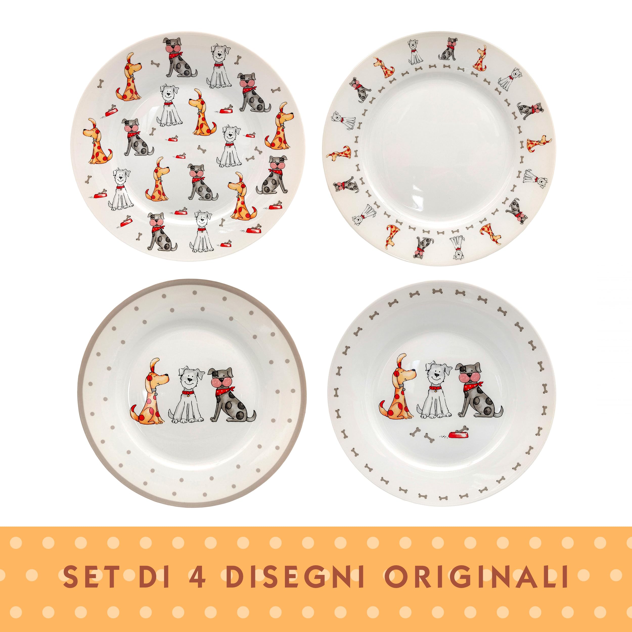 SPOTTED DOG GIFT COMPANY Piattini da Dessert, Set di 4 Piatti in Ceramica, Piatti per Torte, Frutta e Antipasti, Insalata, Adatti al Microonde e alla Lavastoviglie 19 cm - Cani