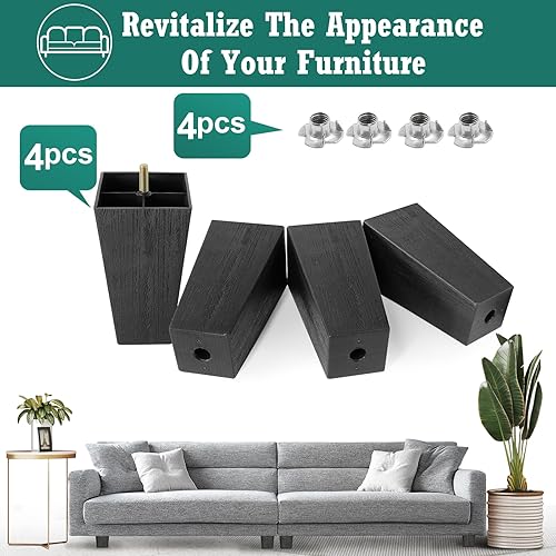 Miniatura 4 de Pernos de rosca métrica M8-1.25, patas de plástico para muebles de 6-38 pulgadas, patas de sofá cuadradas negras con tuercas en T, repuesto de patas