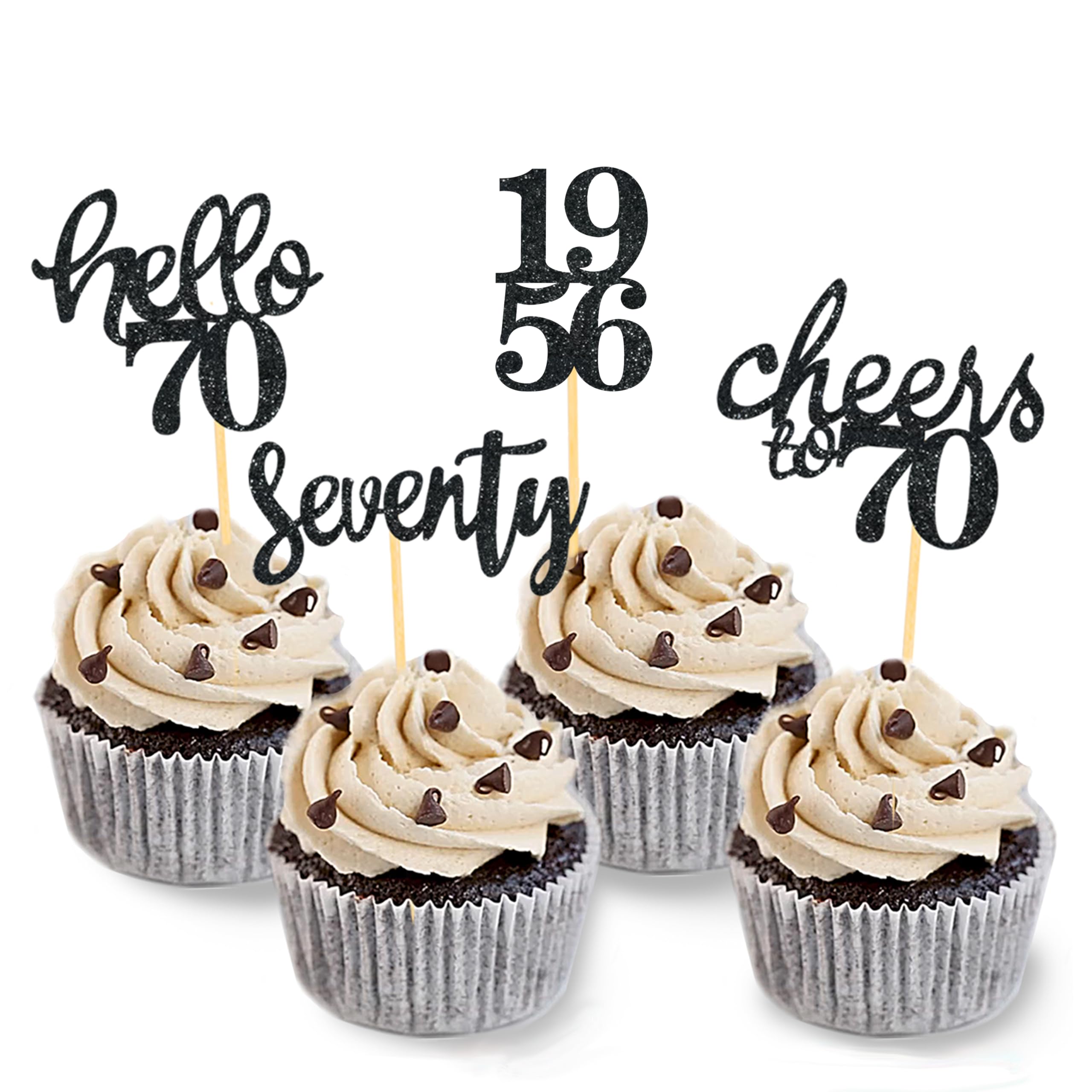 24 Pcs Glitter 70th Birthday Cupcake Toppers, Since 1956 Cupcake Picks for Celebrating Seventy Years Old Birthday Decorations for 70th Anniversary Party Supplies (Black-1956) — image 1