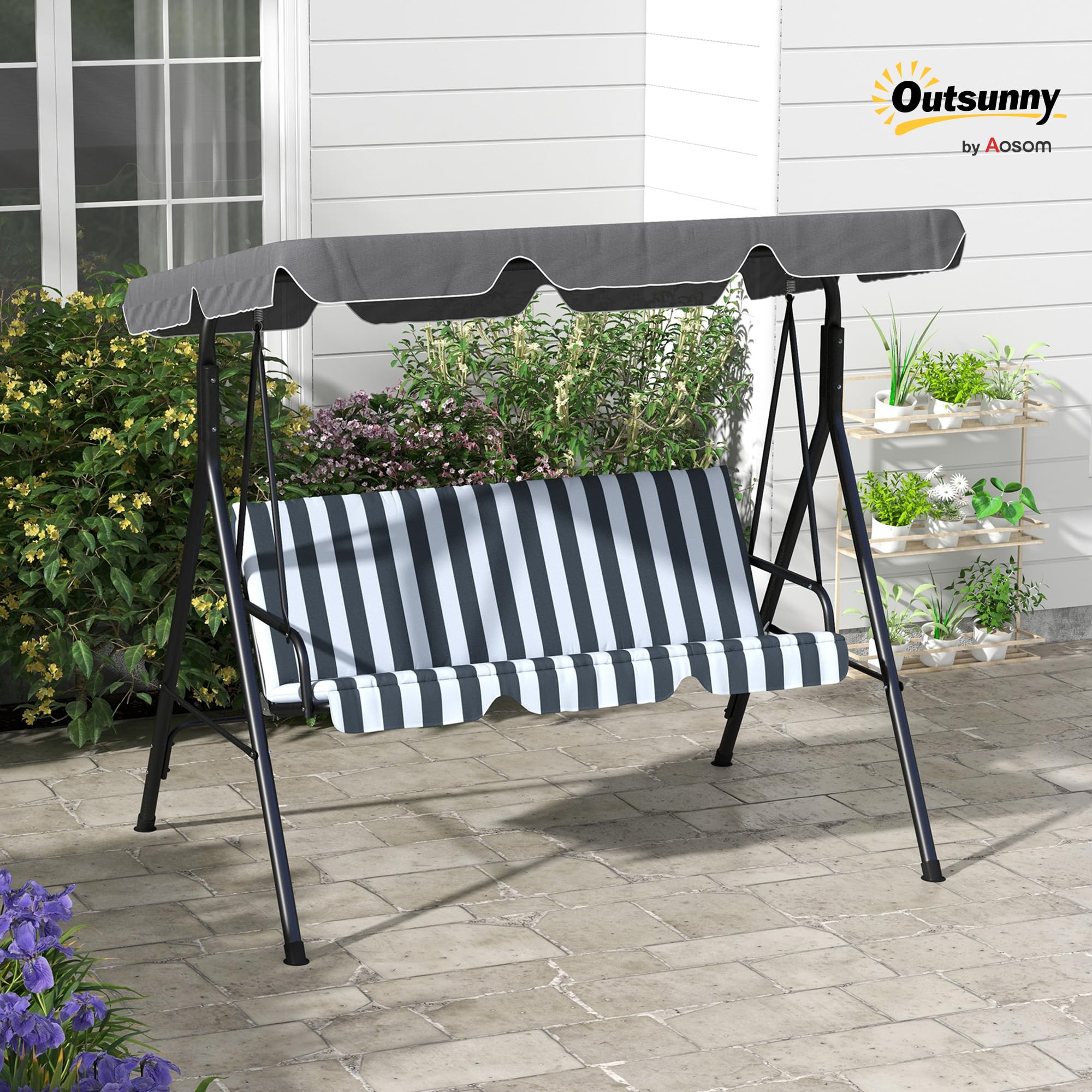 Outsunny Hollywoodschaukel mit Sitzpolster, 3-Sitzer Gartenschaukel mit verstellbarem Sonnendach, Schaukelbank belast bis 240 kg, für Garten, Terrasse, 172 x 110 x 153 cm, Grau+Weiß