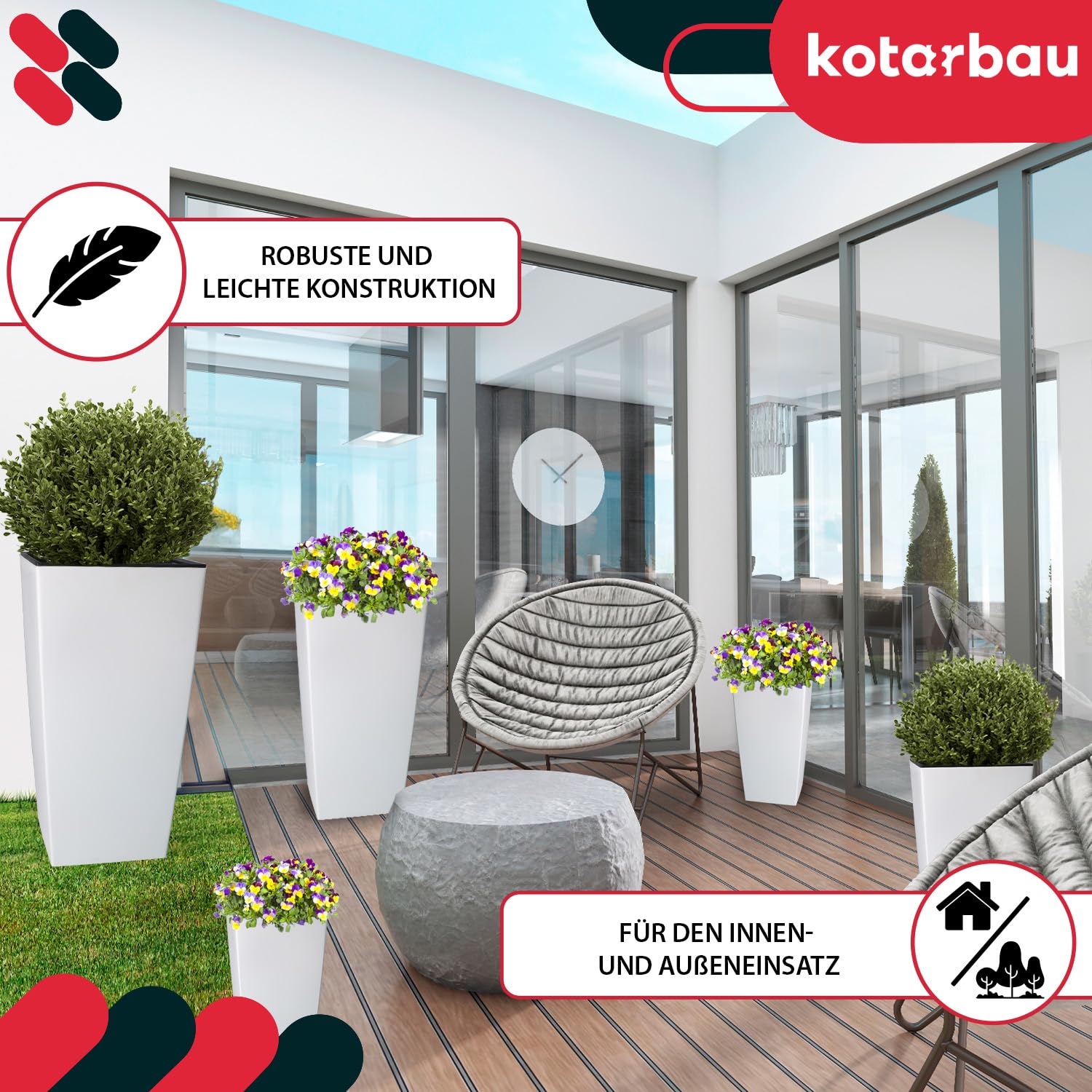 KOTARBAU® - Vaso da fiori quadrato con vaso interno, 291 x 291 x 545 mm, bianco opaco