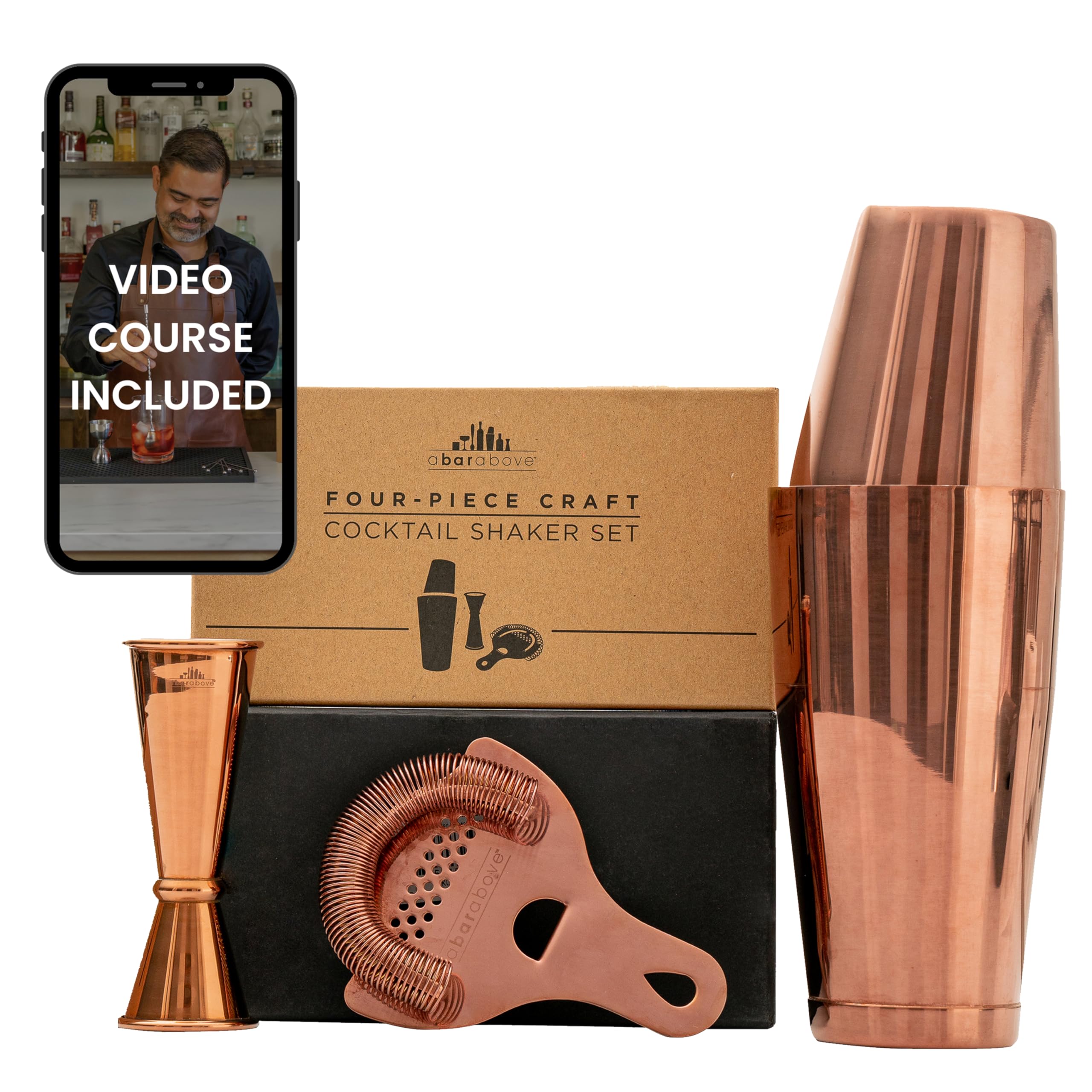 A Bar Above 4-Piece Cocktail Shaker Set, for Professional and Home Bar, Premium Bar Kit Gifts, Includes Strainer, Jigger, Shaker Set, and 4-Hour Cocktail Course