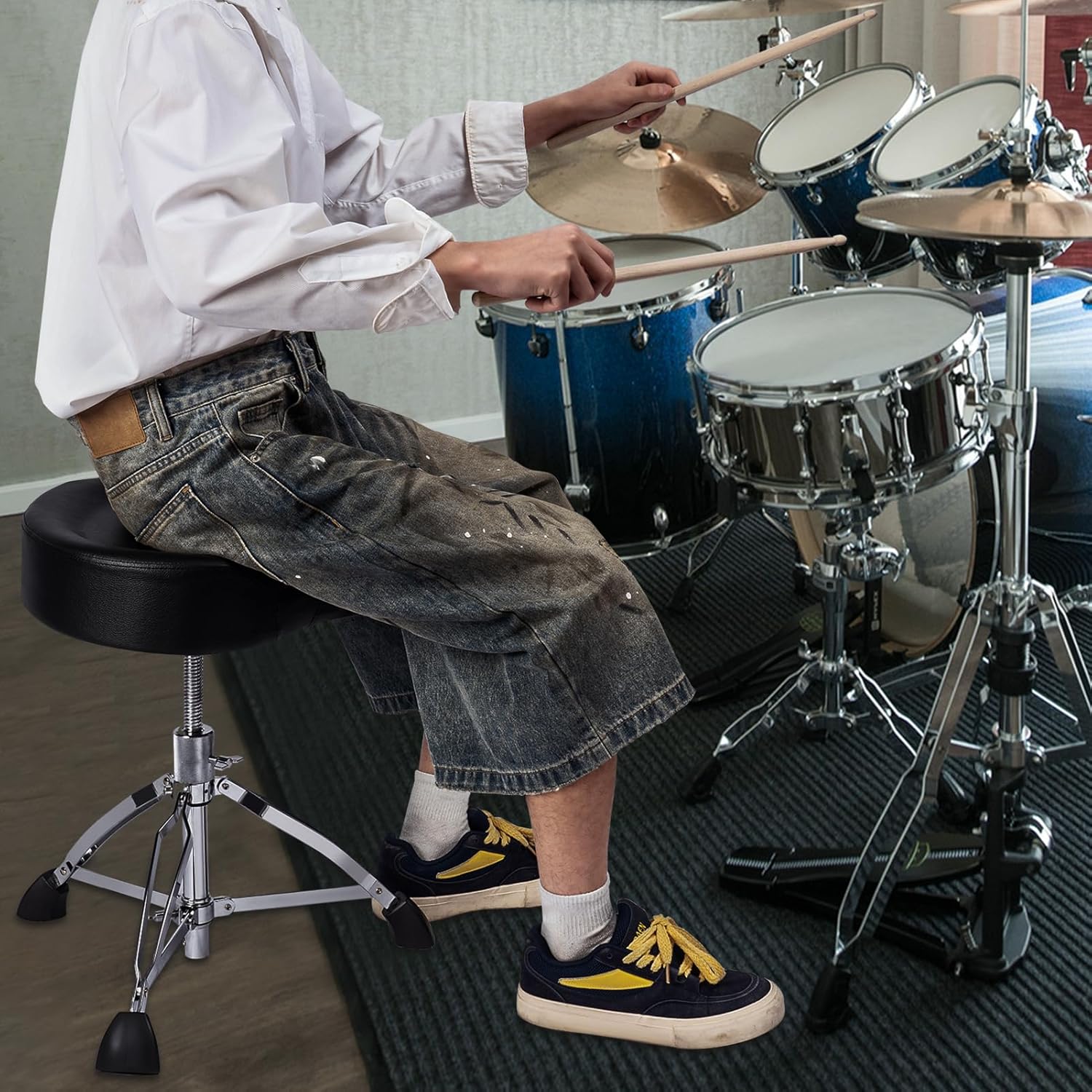 Heavy Duty Drum Throne 330 lbs, Saddle Drum Stool Height Adjustable, Ergonomic Thick Padded Drum Seat with 2 Pairs 5A Drumsticks & Drum Key for Adult Drummers