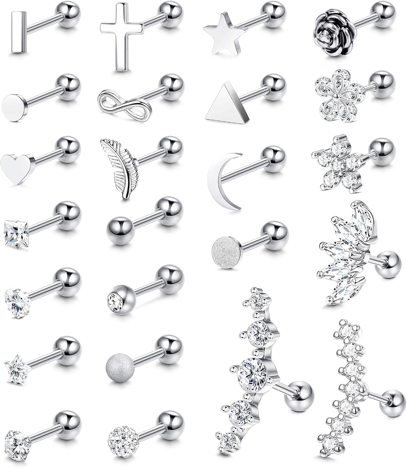 LOYALLOOK 24PCS 16G Stainless Steel Cartilage Stud Earrings CZ Ball Moon Star Heart Flower Leaf Cross Helix Tragus Conch Daith Piercings Jewelry for Women Men