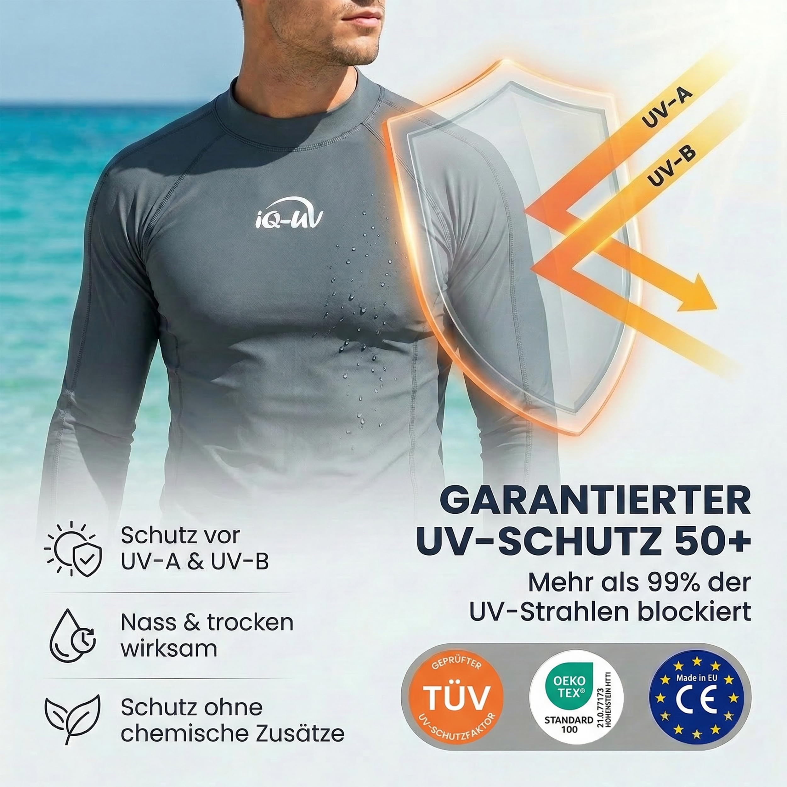 iQ-UV Shirt Herren Langarm Slim Fit – Rashguard für Herren mit Sonnenschutz zum Schwimmen, Surfen & Wassersport – Schwimmshirt Männer – Atmungsaktiv und schnelltrocknend