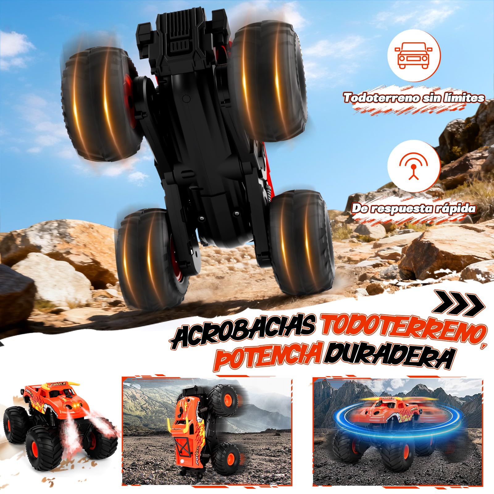 Charmofun Monster Truck Teledirigido, Anfibio Coche Teledirigido con Luces Led e 2 Baterías, 2.4GHz 360° Rotación Impermeable RC Monster Truck, Coche RC 1:16 para Niños (Rojo)