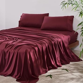 4 Piece Twin Size Sheet - Cooling Bed Sheets Set, Blend Rayon Derived from Bamboo, Breathable Soft Hotel Luxury Bedding & Pillowcases, Silky Fit 16 inch Extra Deep Pocket, Oeko-Tex - Burgundy