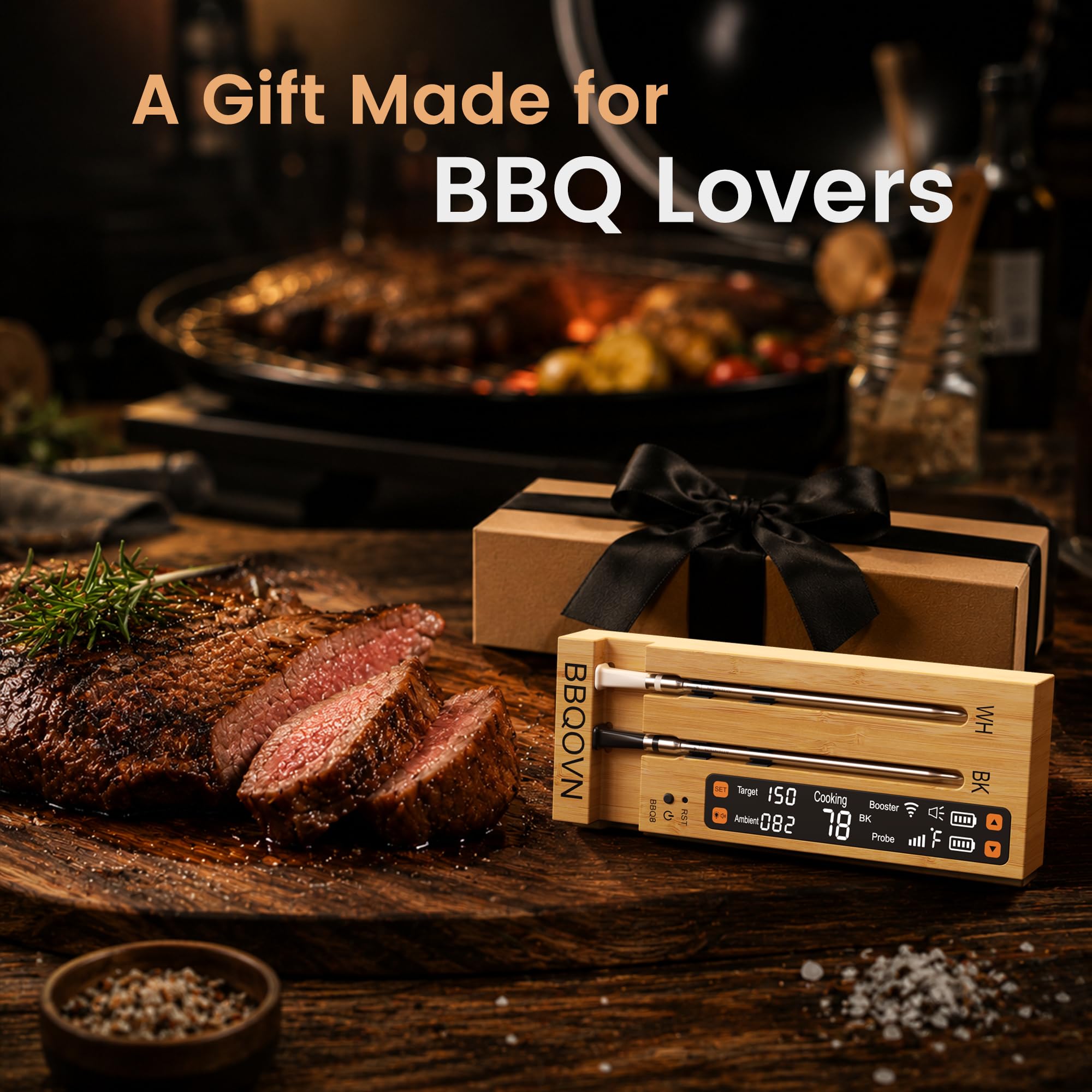 BBQOVN Termómetro inalámbrico WiFi Sub-1G para carne, rango ilimitado, 7 sensores certificados NIST con temperatura ambiente, 2 formas de monitoreo de temperatura, base inteligente digital y