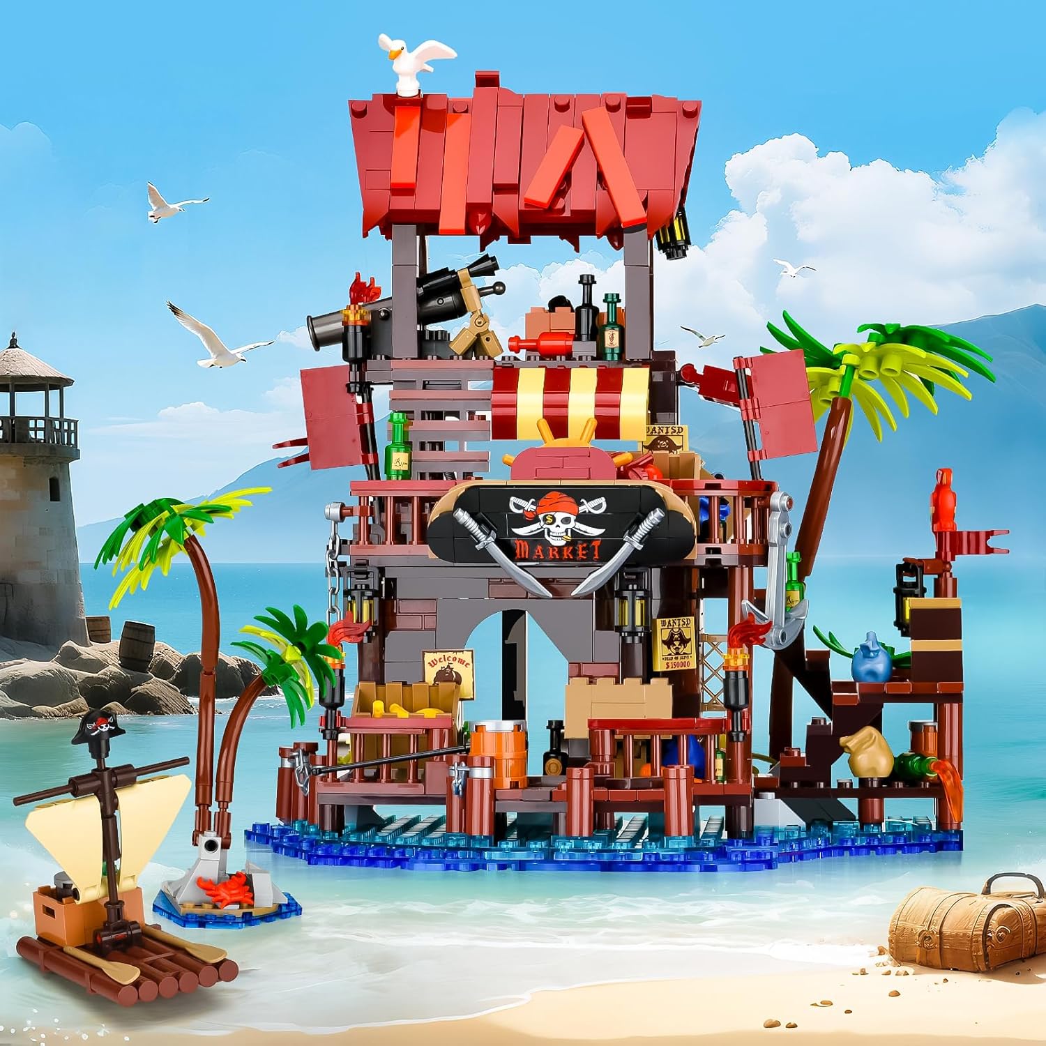 Pirate Ship House Building Set for Adults,Pirate Wharf Supply Center Building Block Toy,Cabin Model for Home Decor,Ideal Gift for Teens Kids Girls Boys 8+