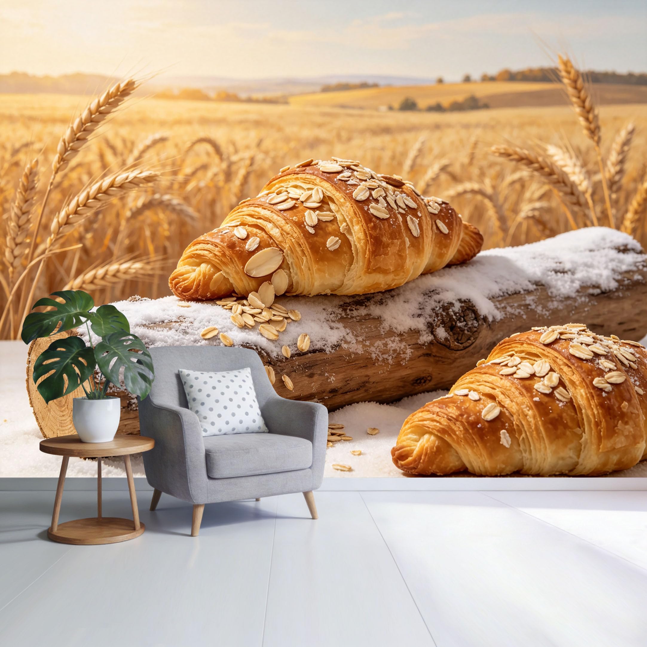 Custom Size Wall Mural Golden Wheat Field Croissant Bakery Rustic Morning Light Food Photography SelfAdhesive Wall Fabric Removable Wallpaper for Home Office Decor