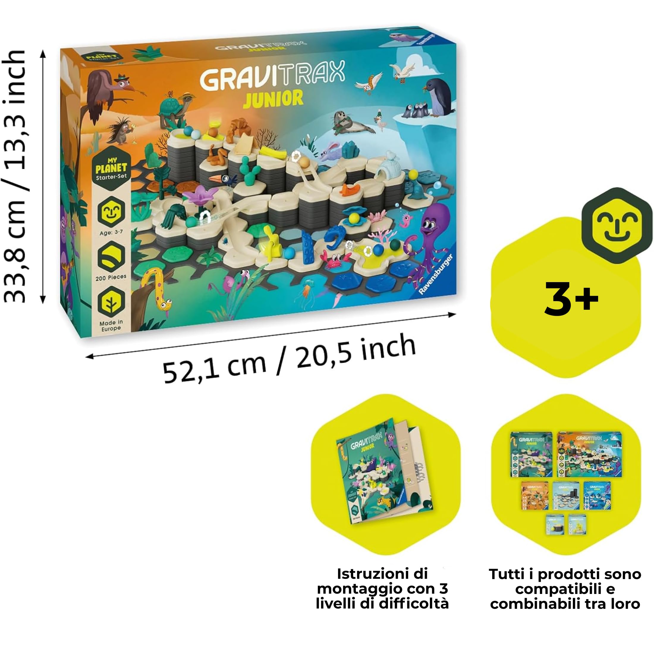 Ravensburger - GraviTrax Junior My Planet Starter-Set, Pista biglie 200 pezzi, Rompicapo bambini, Giochi bambini 3 anni e più, Gioco Interattivo ed Educativo STEM, Compatibile con tutti i GraviTrax