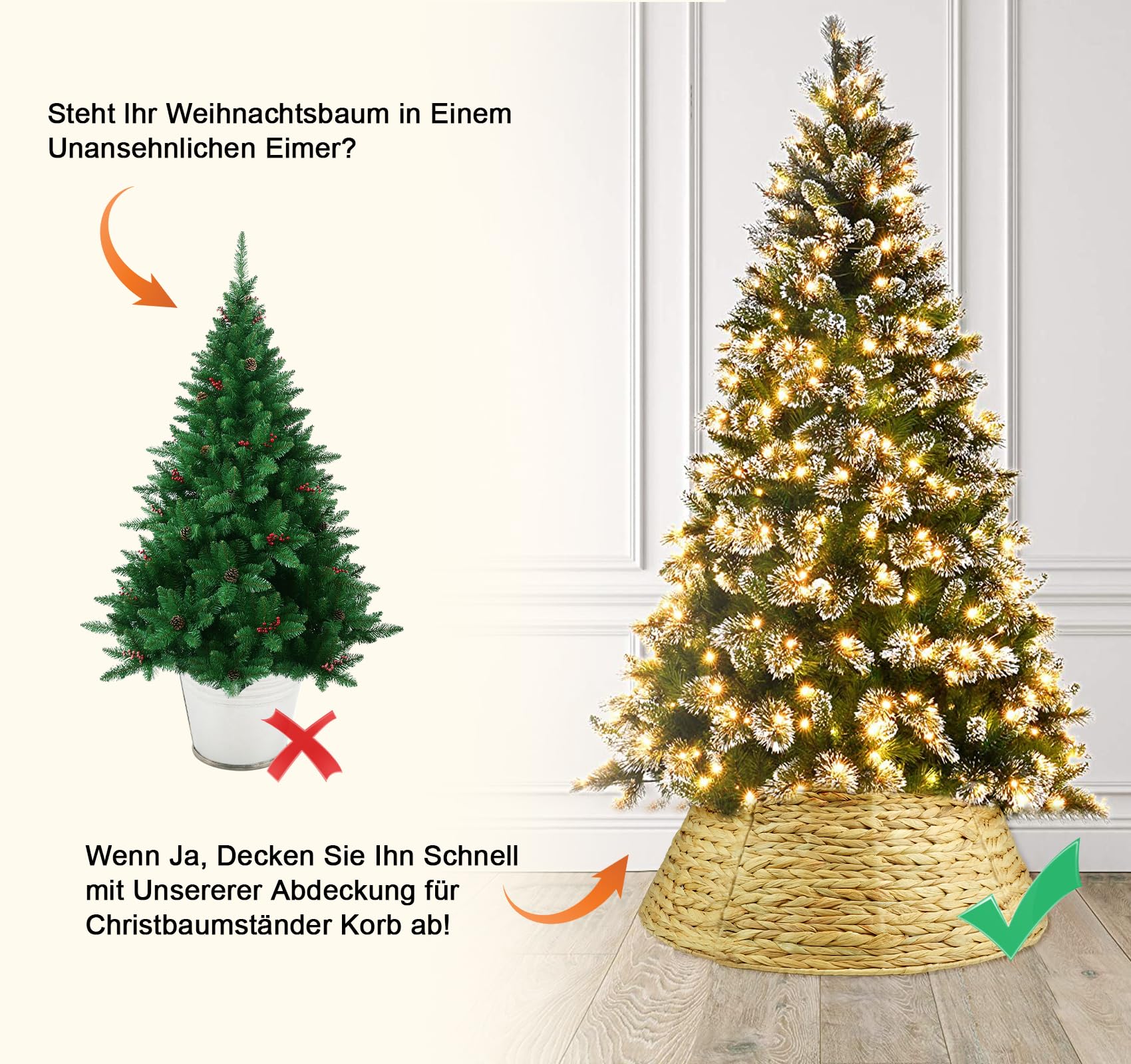 Rattan Weihnachtsbaumrock Ø 60 cm, 4 Teile Abdeckung für den Christbaum Ständer Abnehmbar, Weihnachtsbaum Kragen Tannenbaum Rock, Abdeckung für Christbaumständer Korb