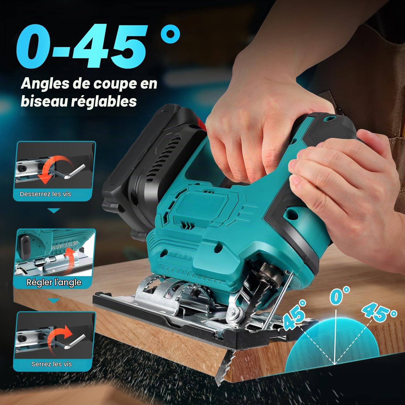 Scie sauteuse électrique avec 3 positions orbitales et coupes en biseau réglables à 45° Compatible avec les batteries 18 V pour la découpe du bois et du métal (Sans batterie)