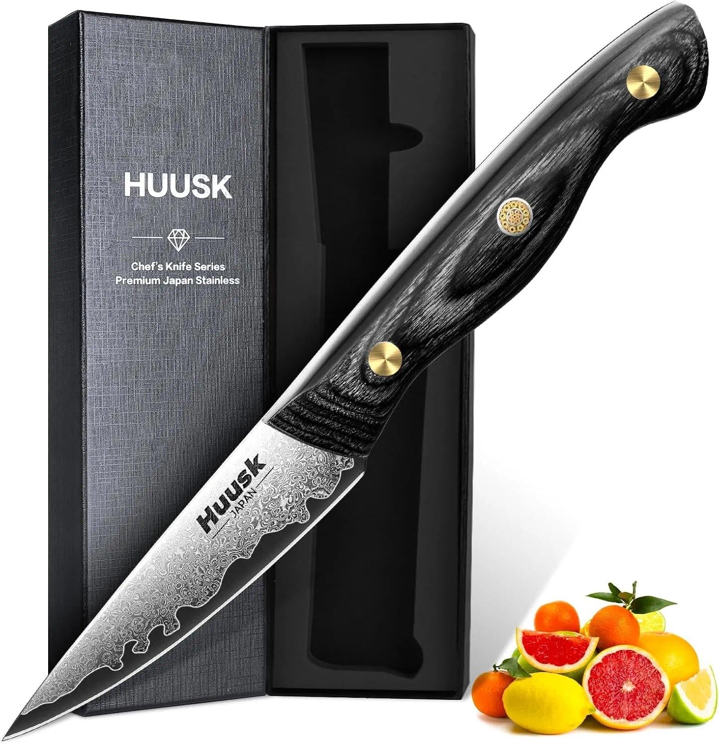Huusk Damascus Paring Knife, 3 Inch Japanese VG10 Fruit Knives, Small Kitchen Knife for Precision Cutting, Full Tang Peeling Knives with Wooden Handle Christmas Gift for Men and Women