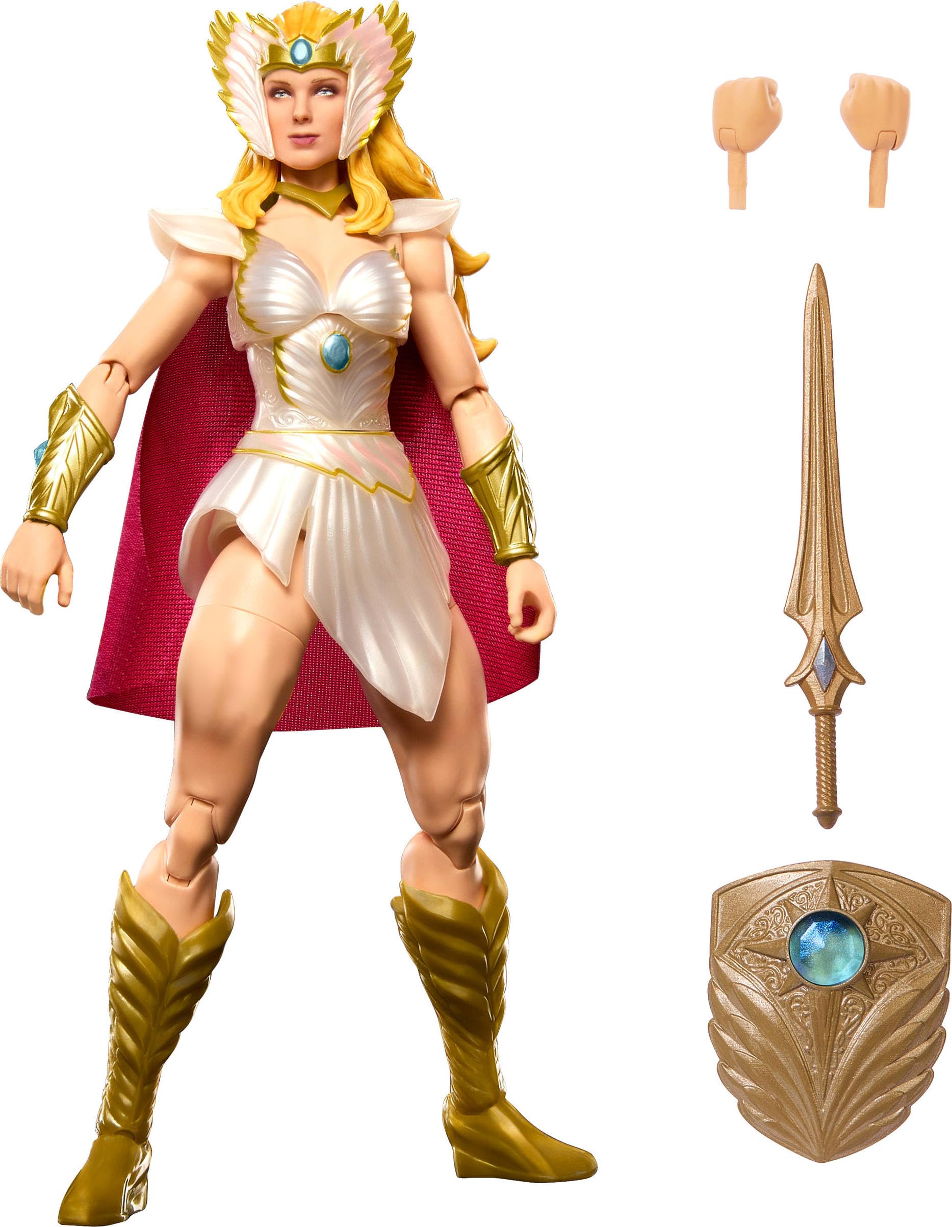 Masters of the Universe Masterverse New Etheria She-​Ra Figura de acción de MOTU de 17,​78cm con 30 puntos de articulación, manos intercambiables, capa de tela suave, escudo y espada, JBP83