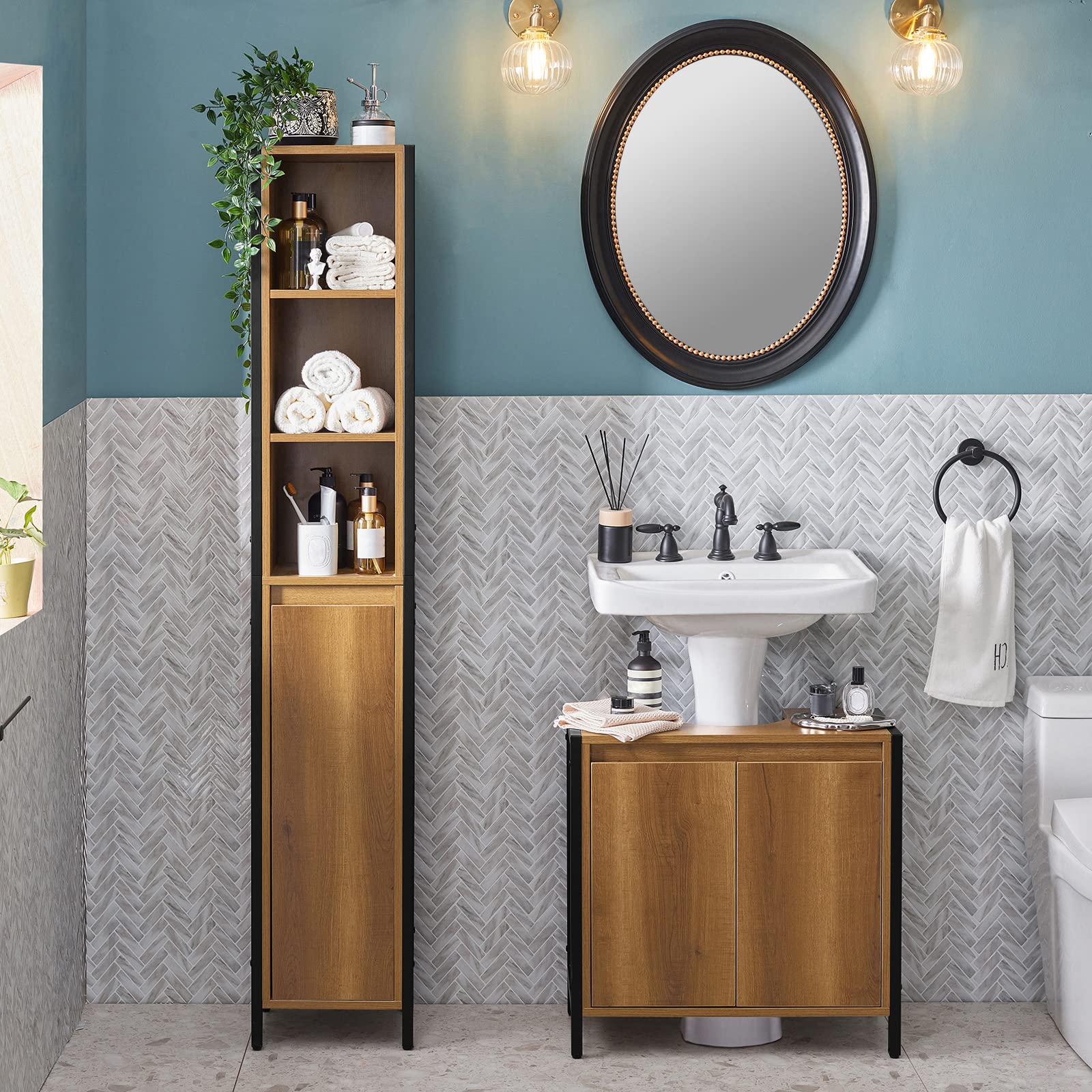 SoBuy Mueble Baño Alto Armario Baño Estrecho 30x168x28 cm Estilo Industrial | Columna de Baño Estrecha Vintage con 3 Estantes Abiertos y 1 Puerta, Armario Auxiliar de Baño, BZR62-PF