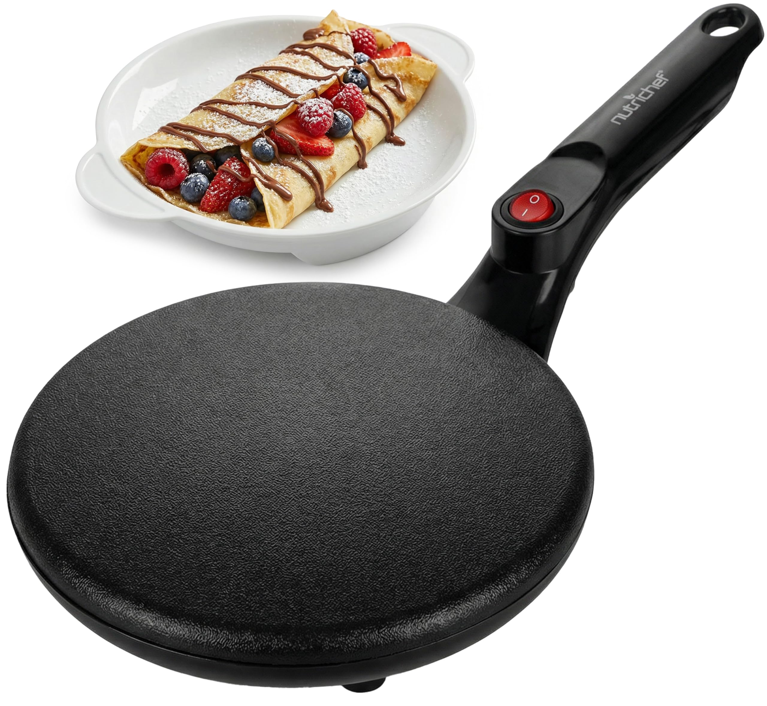 Nutrichef Electric Crepe Maker | 8-inch Nonstick Cooktop with On/Off Switch | Cooks Roti, Tortillas & Pancakes | Automatic Temperature Control & Cool Touch Handle | Includes Food Bowl, Whisk & Spatula