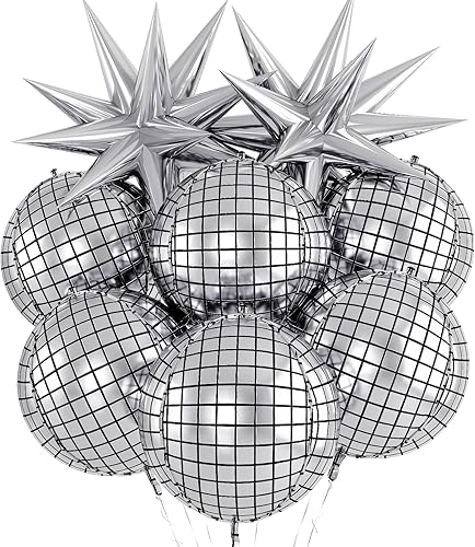 8 globos de bola de discoteca, globos grandes de discoteca de 22 pulgadas con globos de aluminio de estrella de explosión plateados, globos