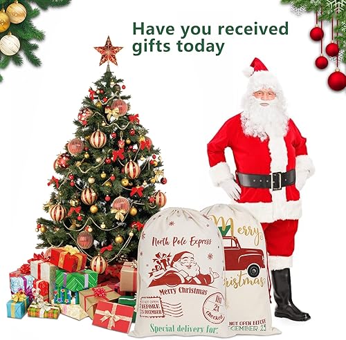 Miniatura 4 de Inspireyee Paquete de 6 bolsas de Navidad grandes de Papá Noel, lona de Navidad, de algodón, con cordones (patrón 1, 19.5 x 27.5)