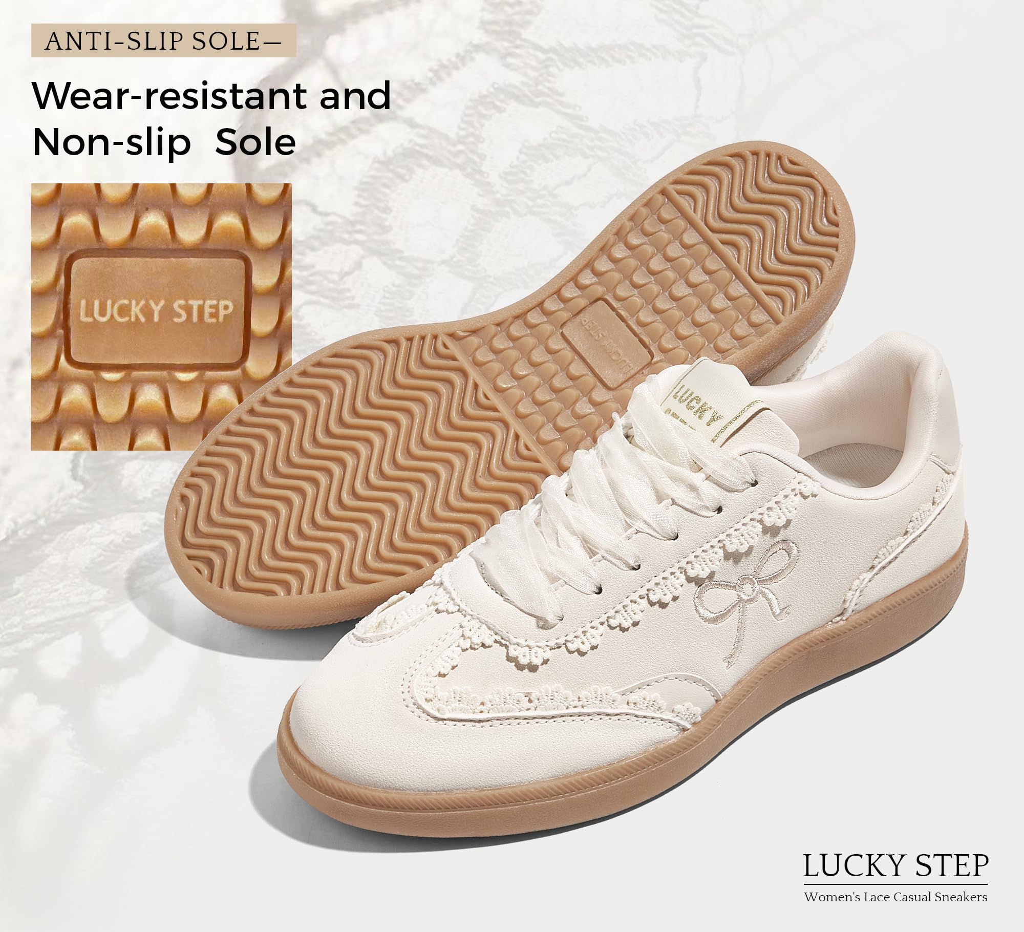 LUCKY STEP Damskie koronkowe detale trampki na co dzień wstążka organza sznurowane moda vintage gumowa podeszwa modne urocze buty