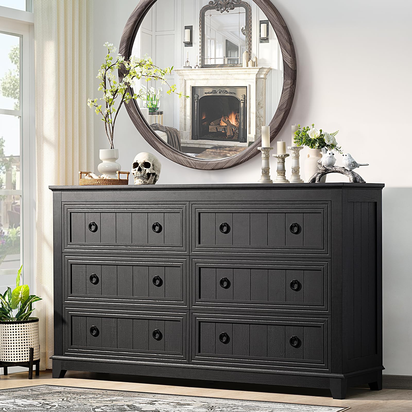 Amazon.com: Joaxswe 6 Drawers Dresser for Bedroom, Farmhouse 54 Inch Wide  Wood Dresser Chest of Drawers, Vintage Design TV Stand, Rustic Storage  Dressers Organizer for Bedroom, Living Room, Hallway - Retro Black :