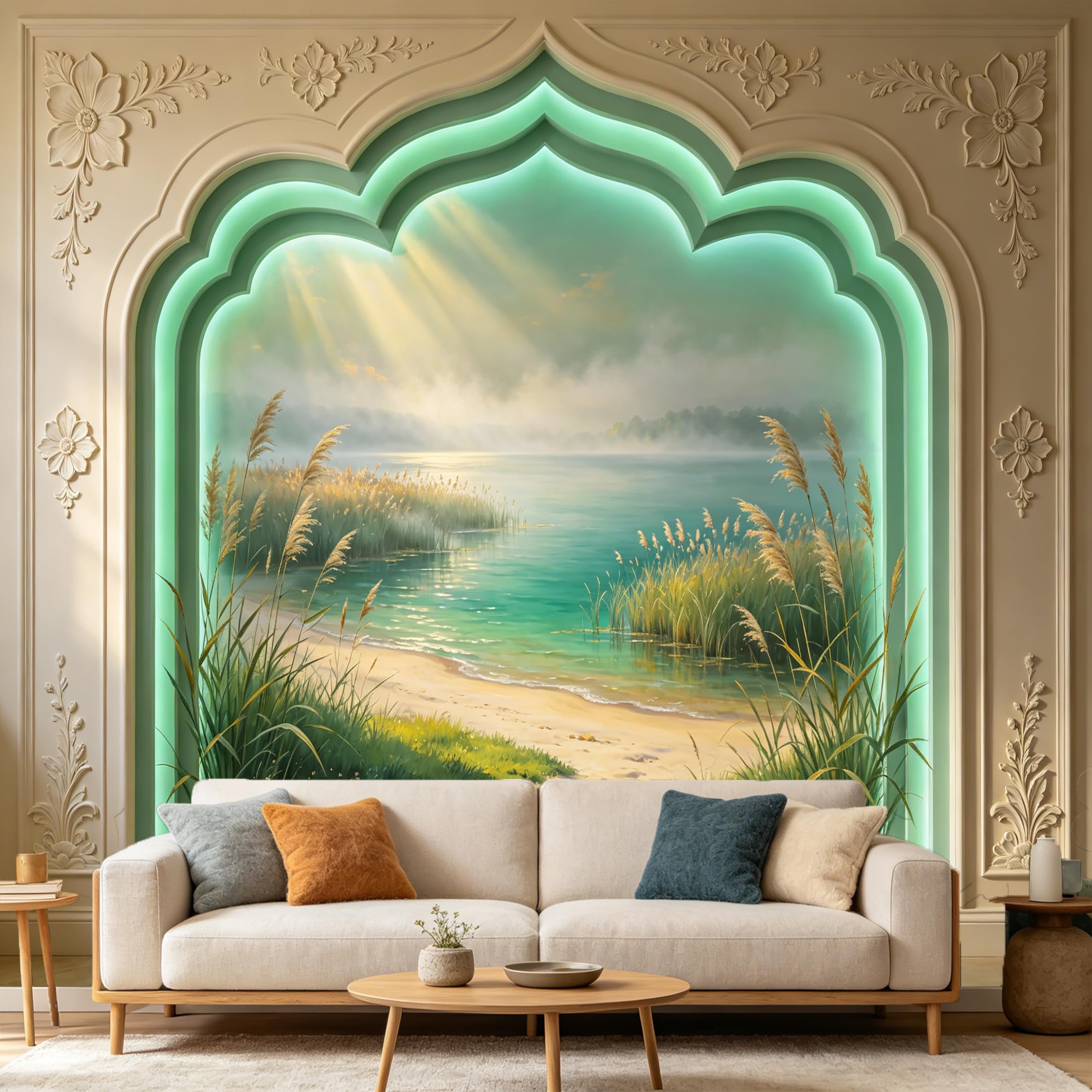 Custom Size Wall Mural， Scenic Lake Shoreline Landscape， 3D Trompe L'Oeil Archway View， SelfAdhesive Art Prints wall Fabric Removable Large Wallpaper Home Living Room Decor