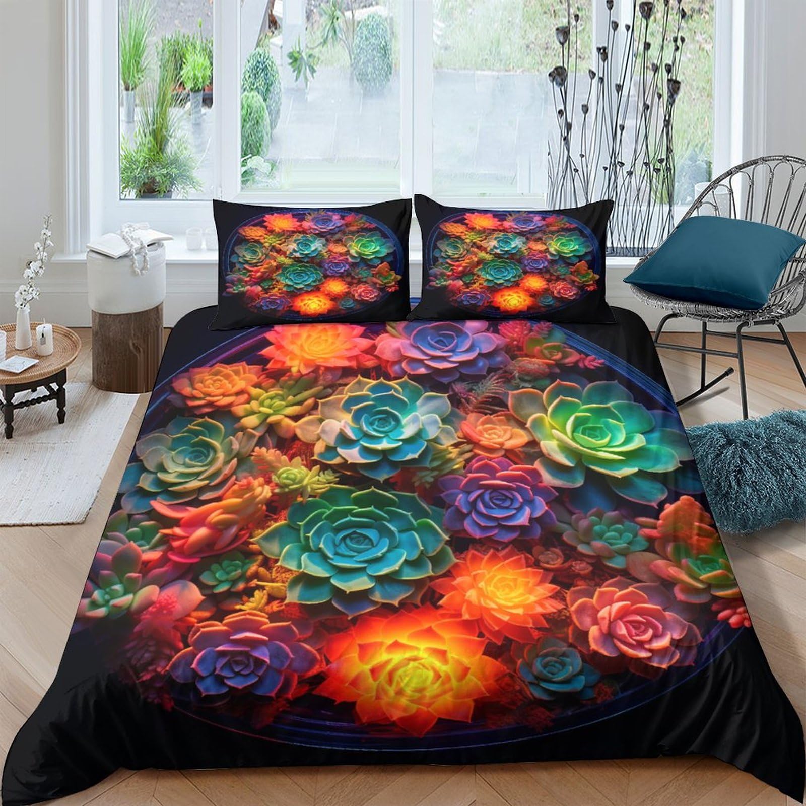 Housse de couette succulentes anti-plis avec fermeture éclair king