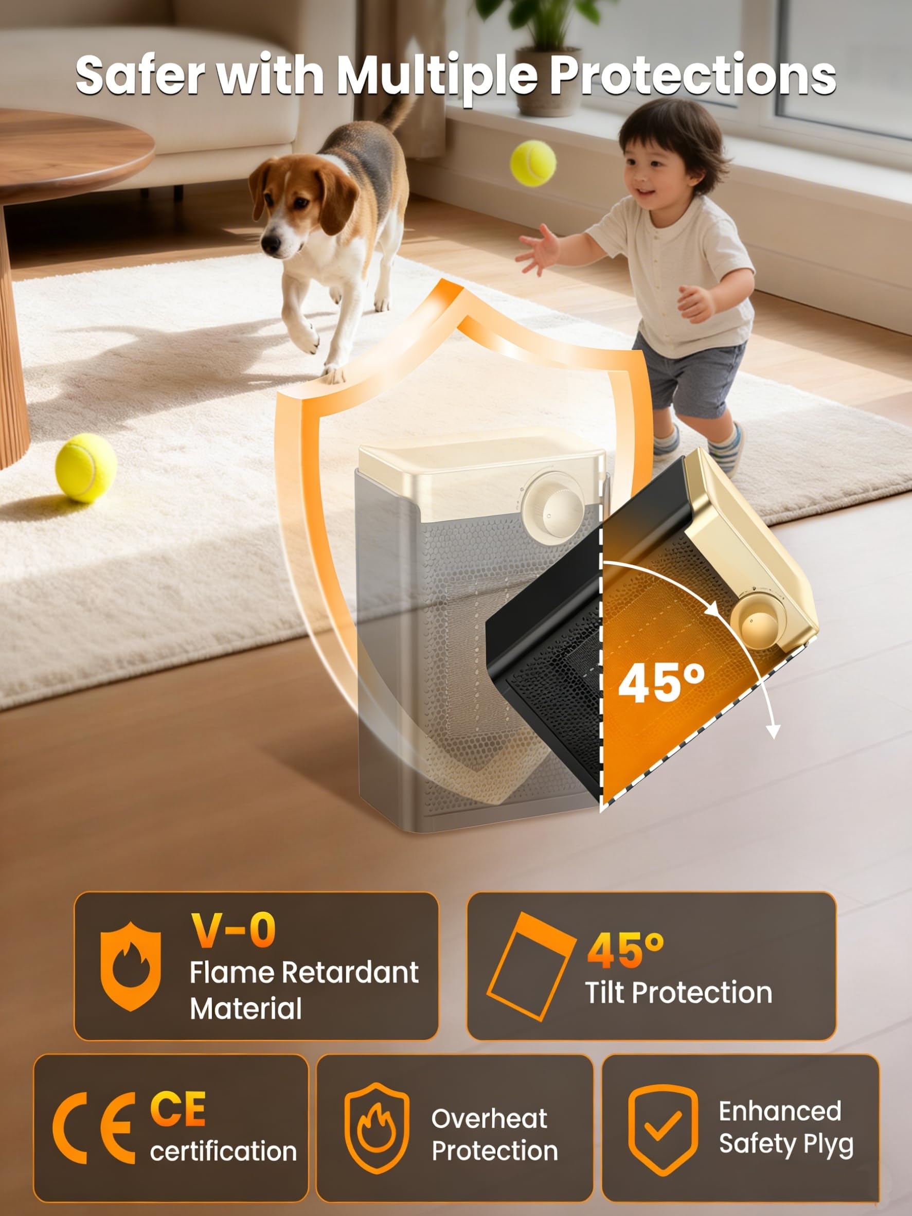 Energiebesparende ventilatorkachel, 35 dB stille 1500 W elektrische PTC keramiek, thermostaat, oververhittings- en kantelbeveiliging