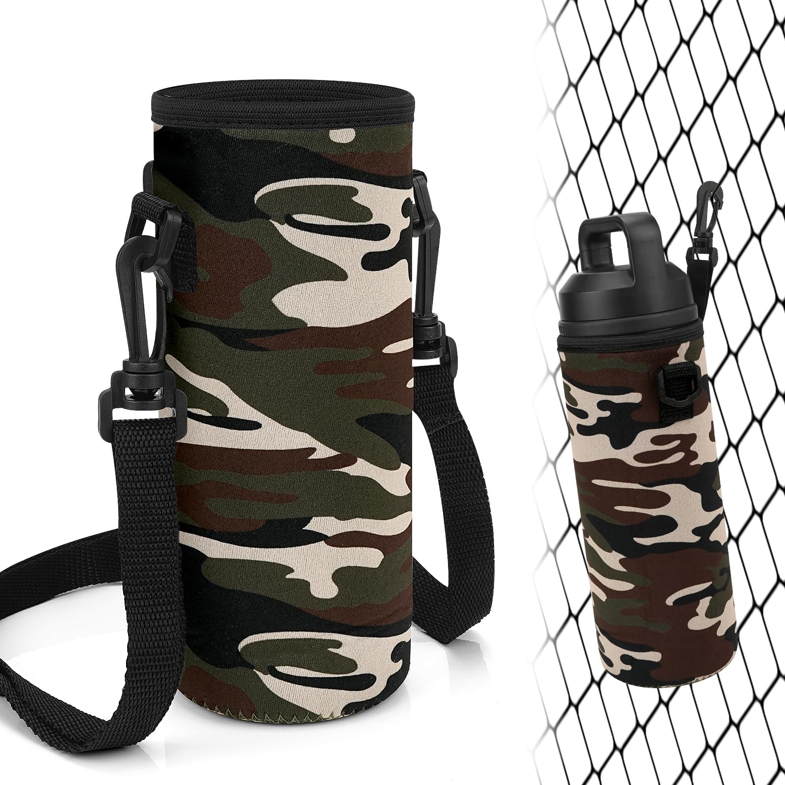 Linkidea Water Bottle Fence Sleeve with Hook Compatible with YETI Rambler Bottle 18oz, Hydro Flask Wide Mouth Bottle 18oz/20oz, Neoprene Bottle Shoulder Strap Bag for Outdoor Sports, Camo