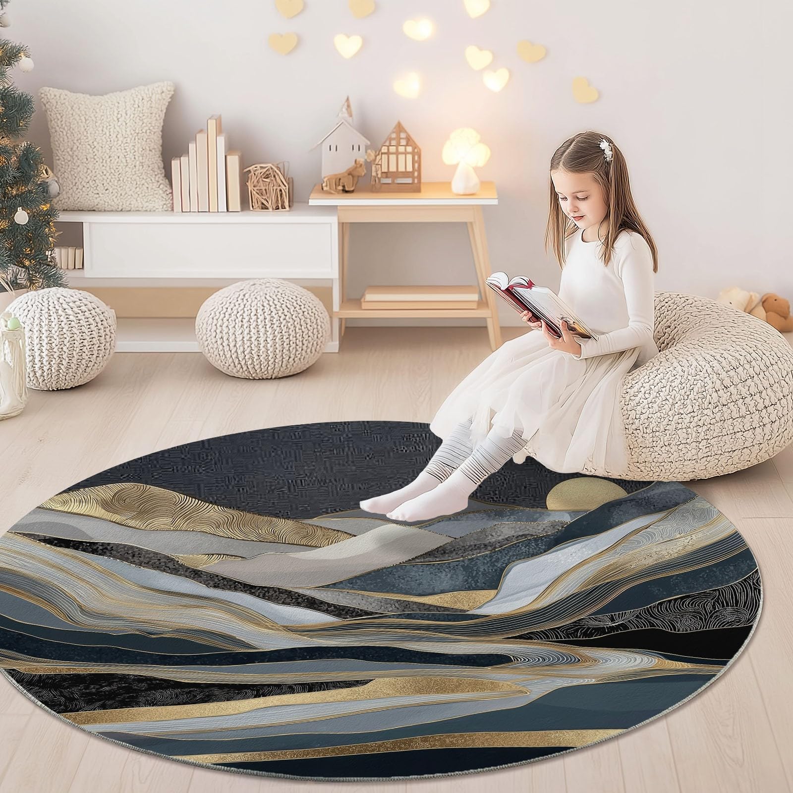 Tappeto Rotondo da 150 cm, con Motivo Astratto a Strisce di Montagna, Lavabile in Lavatrice, Morbido e Antiscivolo, Ideale per Camera da Letto, Soggiorno, Cucina e Arredamento casa