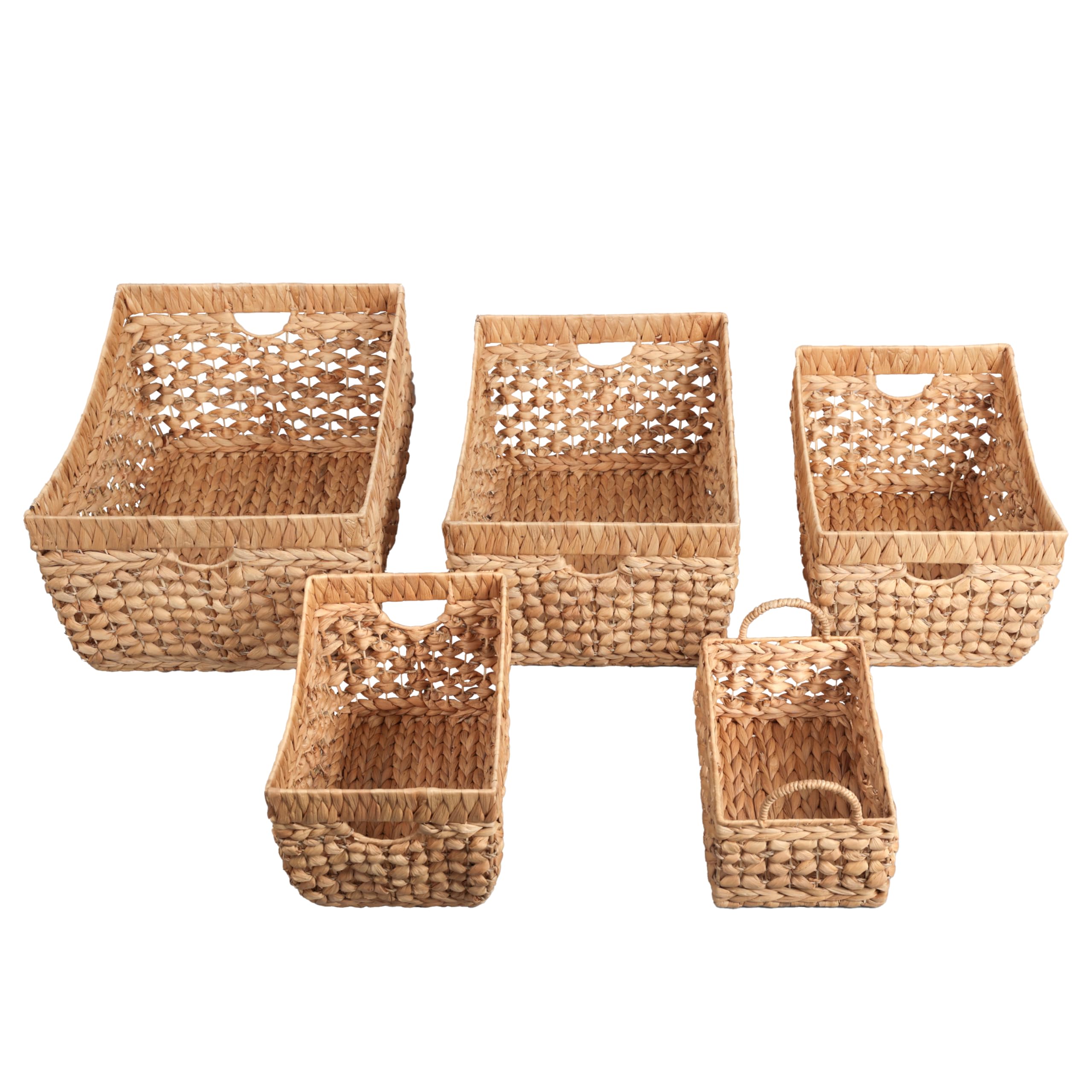 happimess BSK2025A-5SET Aria współczesny czeski ręcznie tkane kosze do przechowywania hiacyntu wodnego z uchwytami, pojemniki na trawę morską do dekoracji w salonie, sypialni, naturalne (zestaw 5 szt