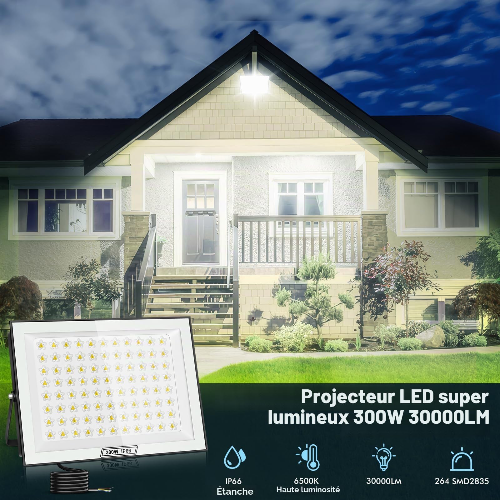Projecteur LED d'extérieur 300W, 30000 lm, ultra-lumineux, blanc froid 6500 K, étanche IP66, pour jardin, allée, garage, couloir, jardin - 2 pièces