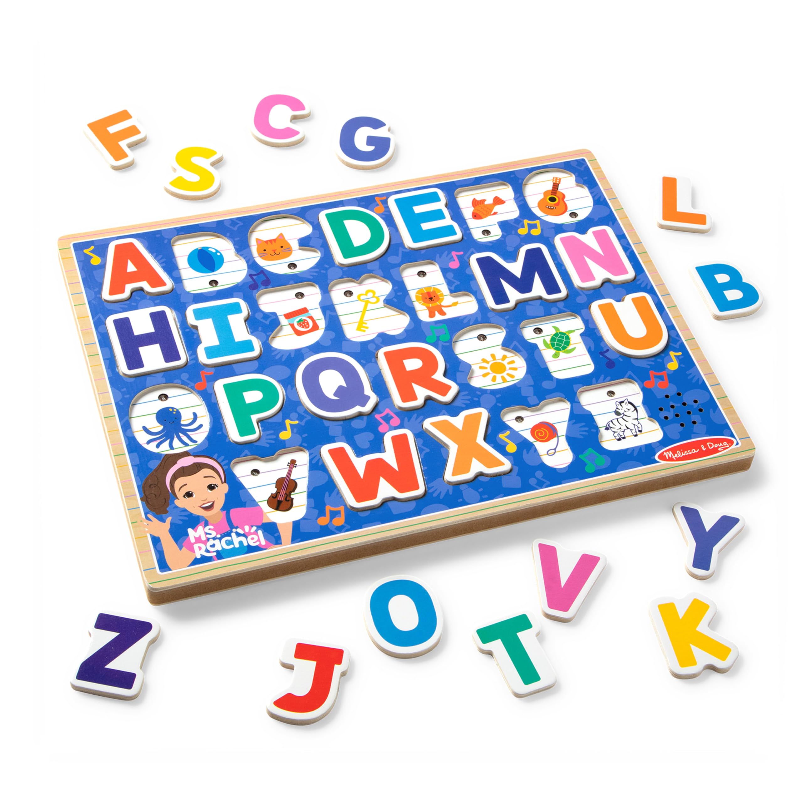 Melissa & Doug(r) Ms. Rachel(tm) Wooden Phonics Alphabet Sound Puzzle with Light-Activated Sound Effects, 24-Piece Toddler Toys for Boys and Girls Ages 2+ Years