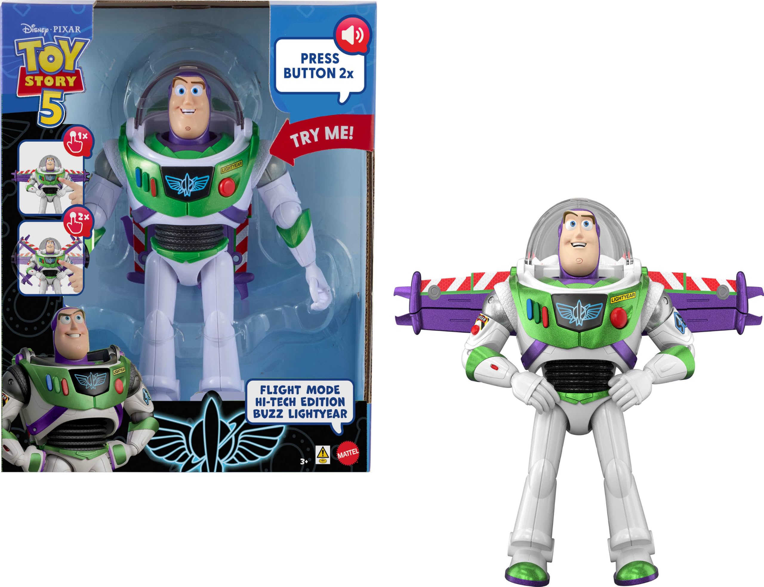 Mattel Disney Pixar Toy Story 5 Figurka akcji, Buzz Lightyear High Tech Edition z trybem lotu i aktywacją skrzydeł 30,48 cm, ponad 35 dźwięków, JMW40