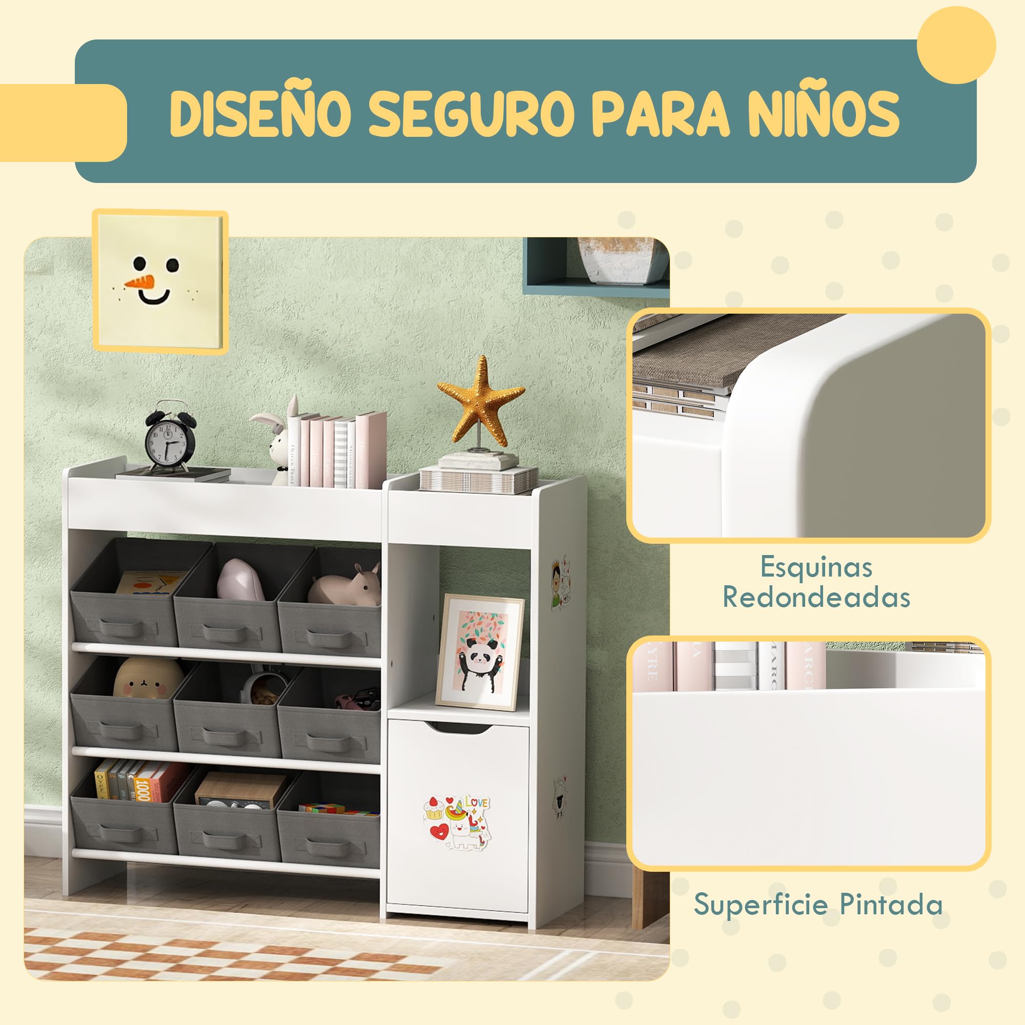 AIYAPLAY Estantería para Juguetes para Niños Organizador Infantil Montessori con 9 Cestas Extraíbles Compartimentos y Láminas de Pegatinas para Guardería Sala de Juegos 92x30x80 cm Blanco