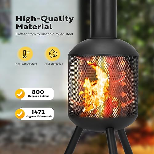 Miniatura 3 de VIVOHOME Chiminea de 46 pulgadas para exteriores, hoguera de madera de acero laminado en frío con diseño de malla, cubierta superior de chimenea y