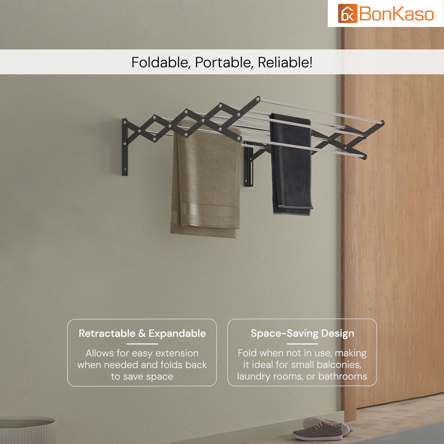 BonKaso 9 Rod Multi Foldable Clothes Drying Stand | Heavy Duty, Rust-Free, Stainless Steel, Wall Mounted Expandable Laundry Hanger (2 Feet) Rack for Balcony, Bathroom | (61D x 63W x 19H cm) 3