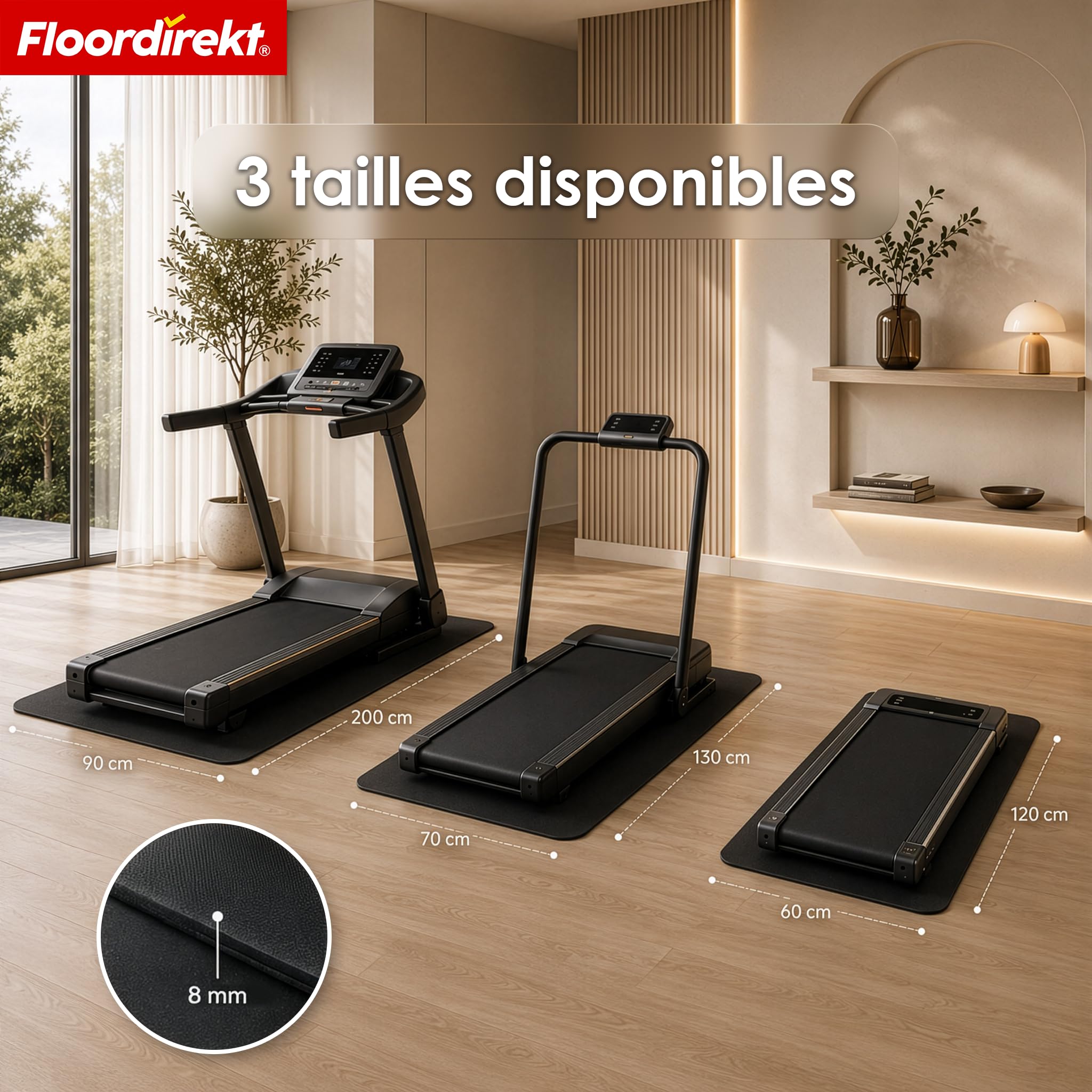 Floordirekt Sparta Tapis de protection de sol antidérapant pour tapis de course, vélo elliptique et équipement de fitness, absorbant les chocs