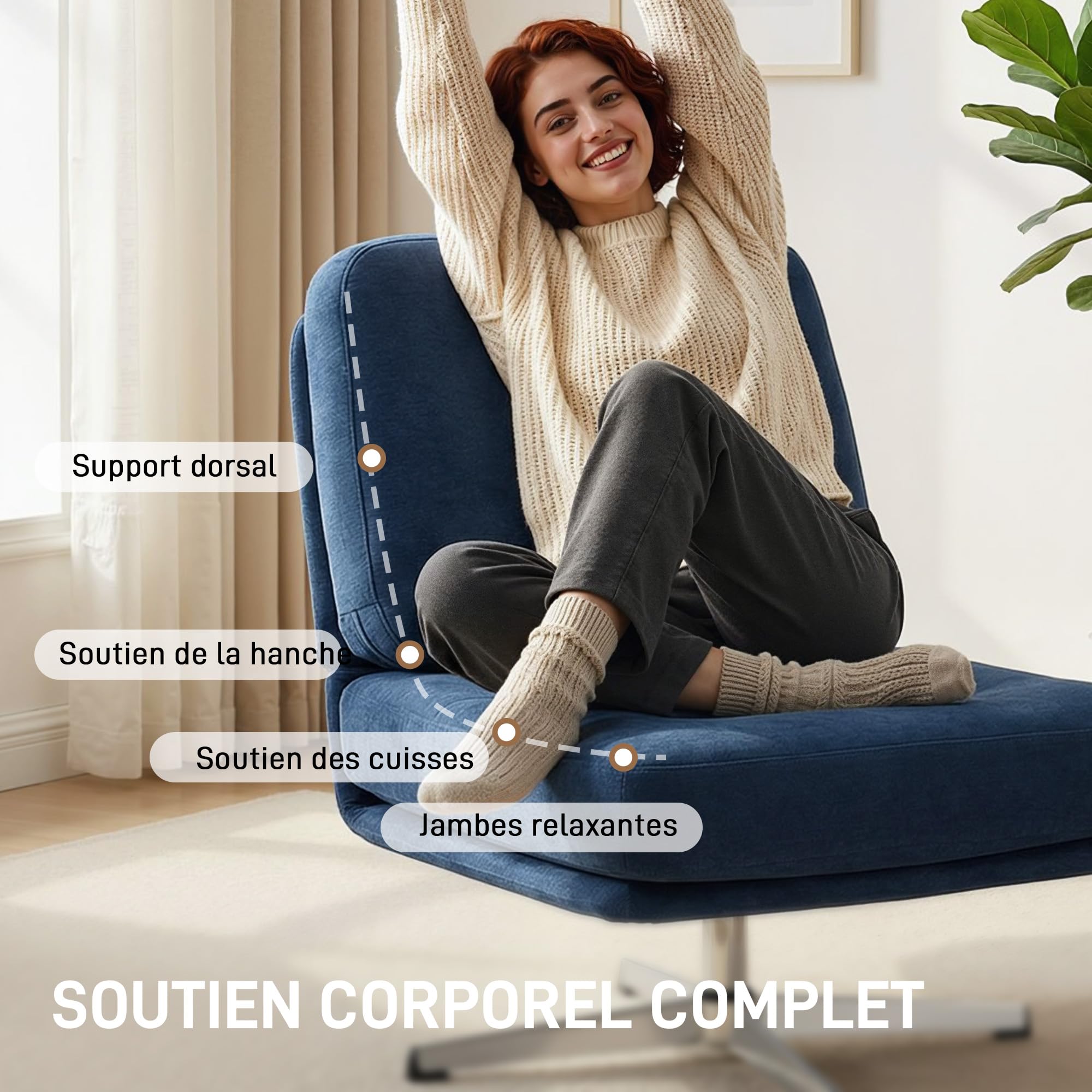 HOMCOM Fauteuil Salon sans accoudoirs, Chaise pivotante en Tissu Chenille, Assise rembourrée et Large, Pieds croisés en métal sans roulettes, Fauteuil Relax pour Chambre et Salon, Bleu foncé