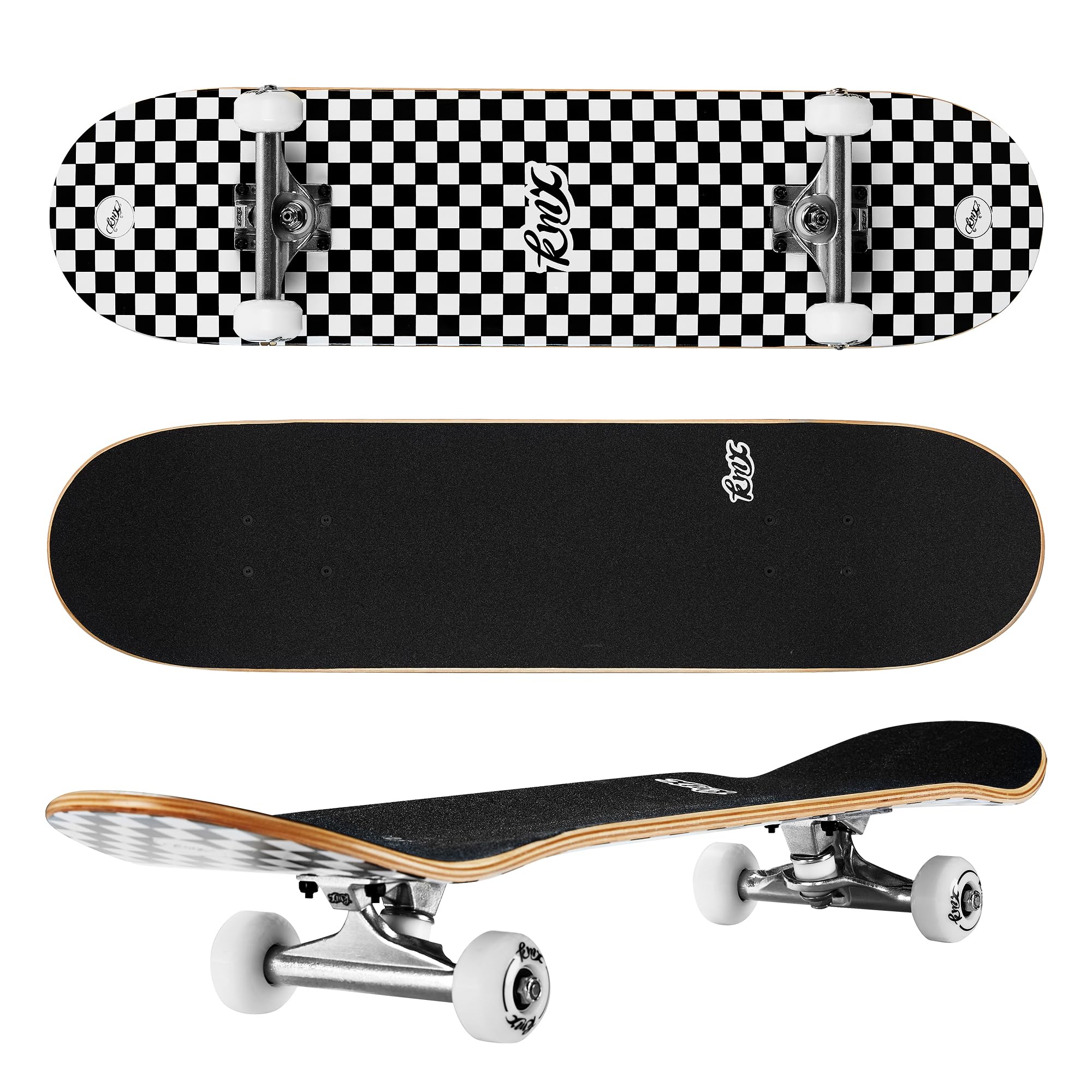 31 Zoll Profi skateboard für Kinder, Anfänger, Jungen, Erwachsene, Junge, Mädchen. Kanadisches Ahornholz, Double Kick Concave-Deck | Profi Achsen | Cruising und Tricks(Klassisch Checker)