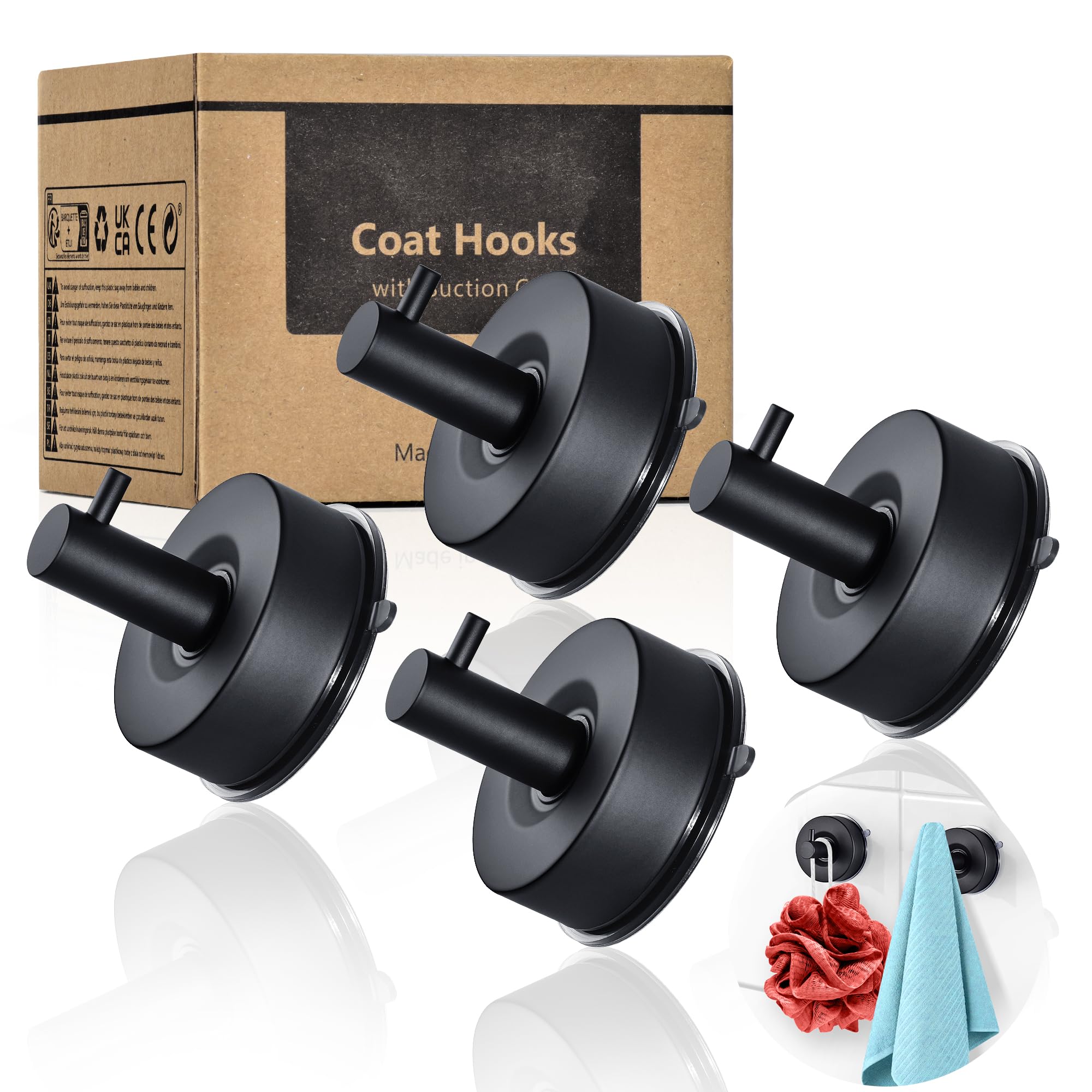 YOHOM Suction Cup Hooks, Heavy Duty 5kg Stainless Steel Shower Hooks, Bathroom Towel Hooks & Robe Hooks with Strong Suction for Glass, Window, Door - Waterproof Coat Hangers，4 pcs, Matte Black