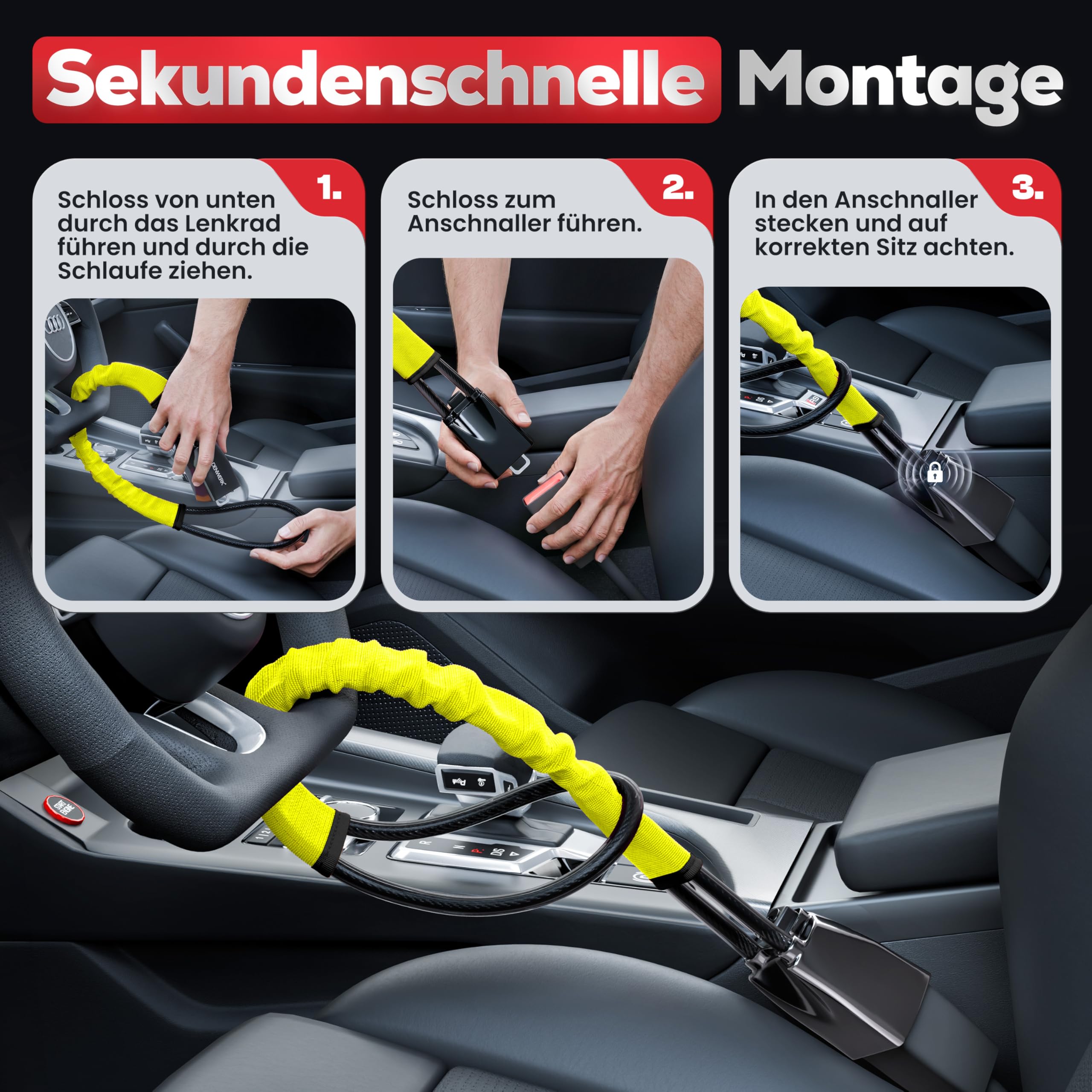HELDENWERK® Lenkradkralle für Auto & Wohnmobil aus Metall - Universelle Passform - Lenkradschloss mit dickem Stahlseil - Wegfahrsperre Diebstahlsicherung mit 3 Sicherheitsschlüsseln (Gelb)