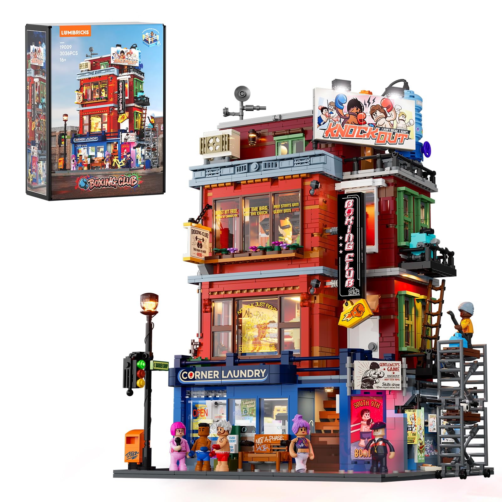 Street Fusion Boxing Club Lighting Building Bricks Set, 3036 Pcs | City Town Modular Playset Collection Display kit with Minifigures for Adults & Life Enthusiasts, Educational Interactive Toys