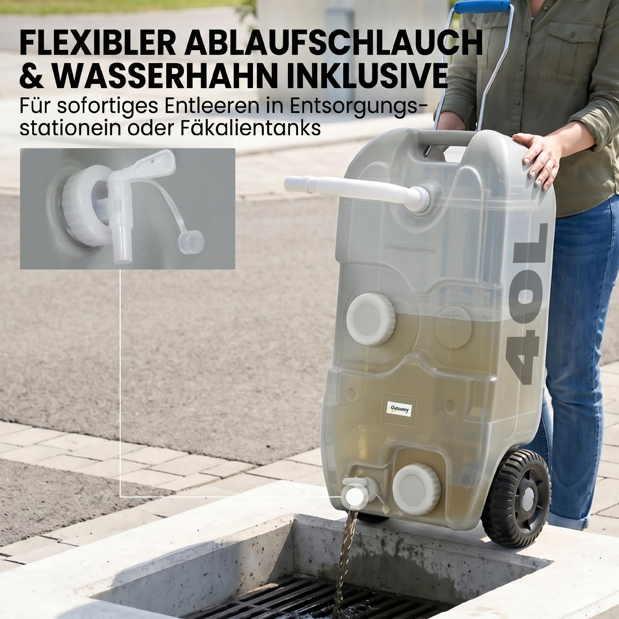 Outsunny 40 L Abwasser Rolltank Abwassertank Wohnmobil Rolltank mit Griff, Wassertank Camping Wasserkanister mit Hahn, Tragbarer Mehrzweckkanister, HDPE, Grau