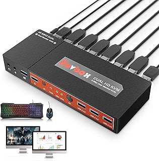 KVM Switch DisplayPort - HDMI KVM Switches 2 Port Dual Monitor Extended Display, 4K@60Hz 4:4:4 KVM Switch 2 Monitors 2 Computers with 3 USB 3.0 Hub, Audio, Hotkey & Button Switching
