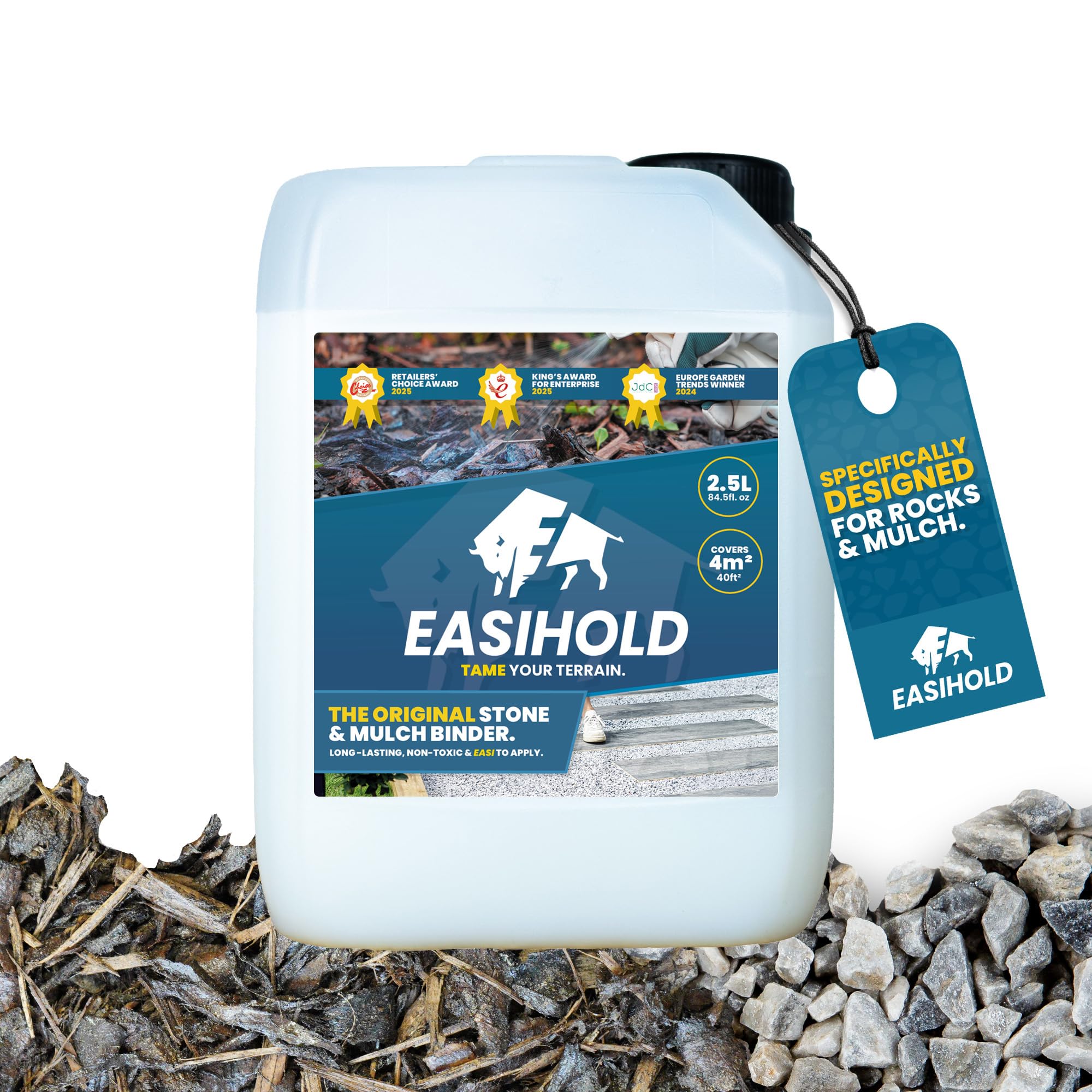 Vuba EASIHOLD ROCKS - Carpeta de grava de 2,5 l para pegar piedras, corteza y grava en bordes, patios y caminos de jardín. Dura hasta 3 años, no tóxico, listo para usar.