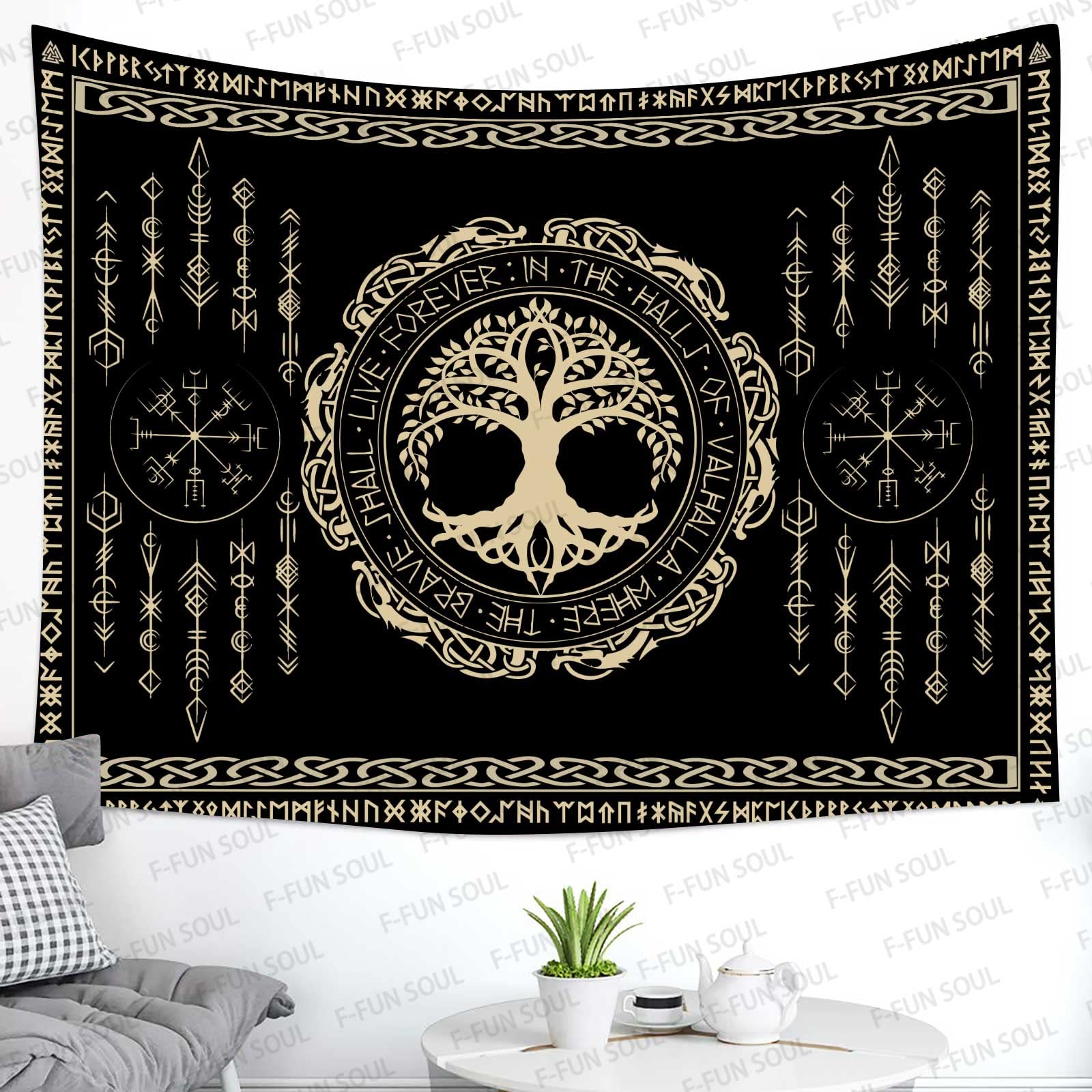 F-FUN SOUL Nordic Vikings Tapestry, 60x40inches Soft Flannel, Viking Yggdrasil Tree of Life Celtic Rune Scandinavian Aesthetic Mythology Tapestry Wall