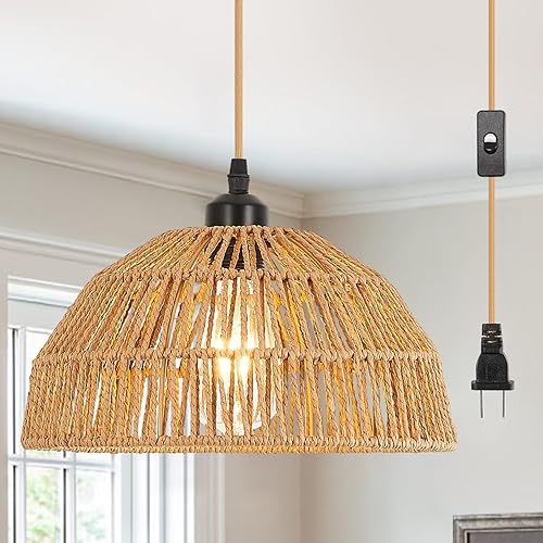 Worderdeng - Lámpara colgante de ratán enchufable, luces colgantes de 14.7 pies con estilo bohemio, lámpara colgante con pantalla de cuerda de