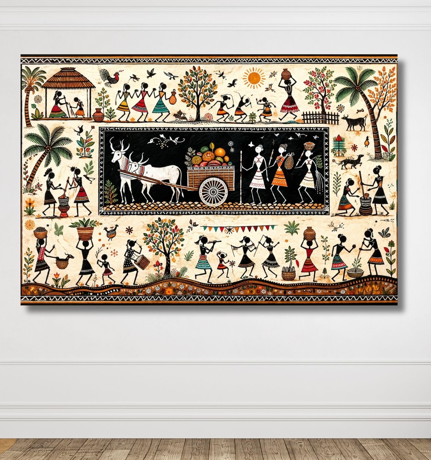 KunjCart Warli Painting Colorful Tribal Dance Bull Cart Tree Sun Birds Village Scene | Warli Art Painting for Living Room Bedroom Office Room Decor Canvas Painting For Wall Decoration (36x24 Inch, Unframed - LARGE)-image-0